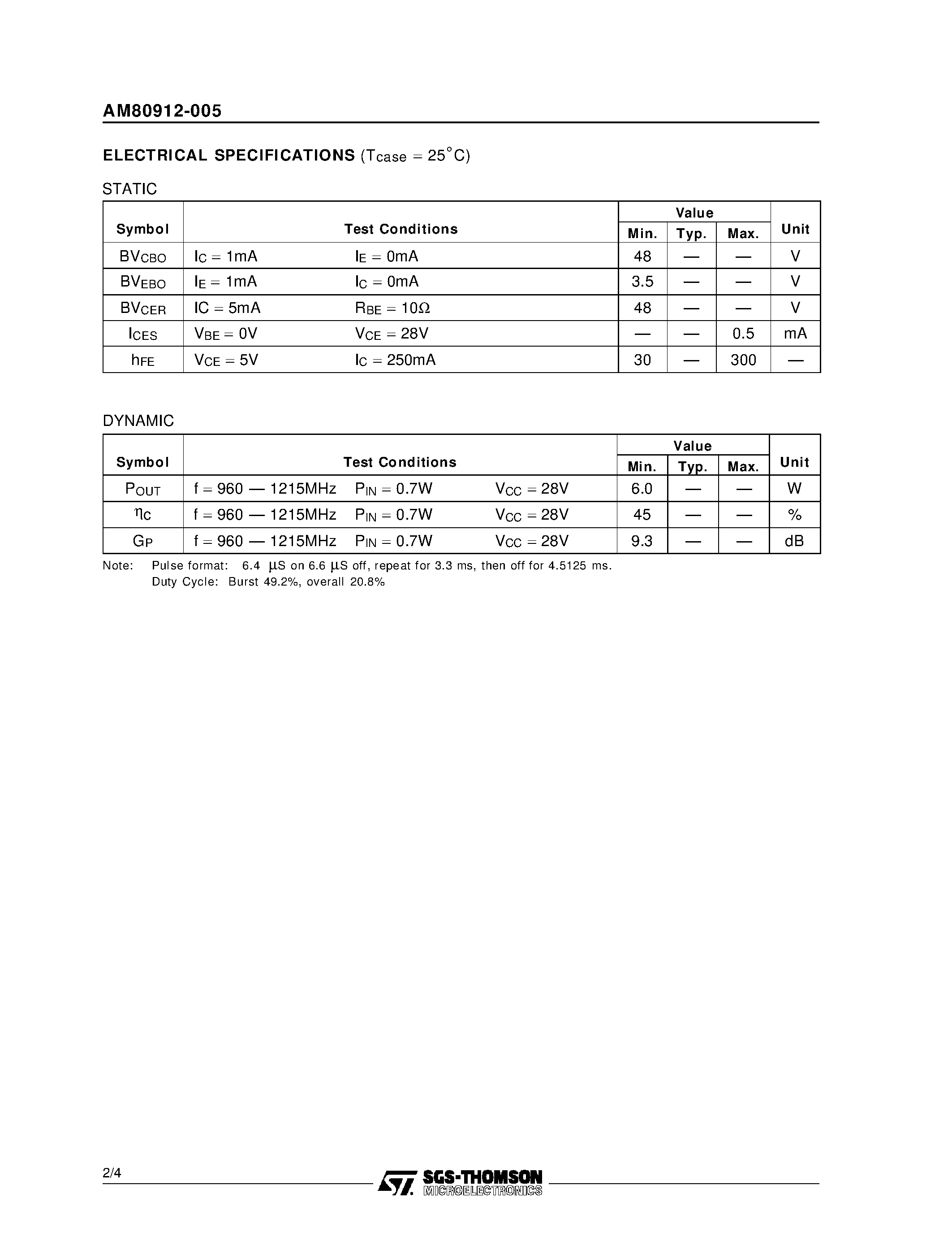 Datasheet AM80912-005 - AVIONICS APPLICATIONS RF & MICROWAVE TRANSISTORS page 2