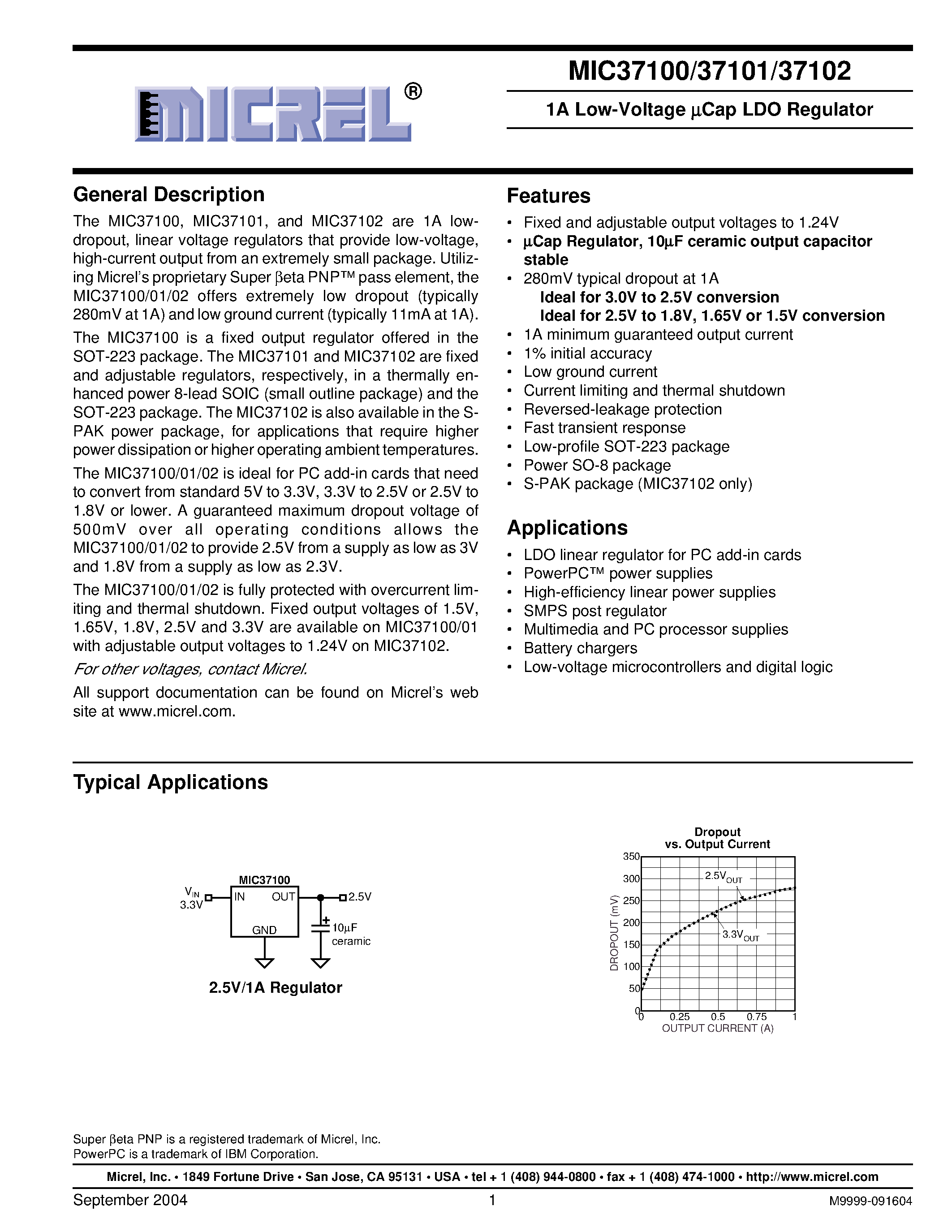 Datasheet MIC37100-1.5BM - 1A LOW VOLTAGE U CAP LDO REGULATOR page 1