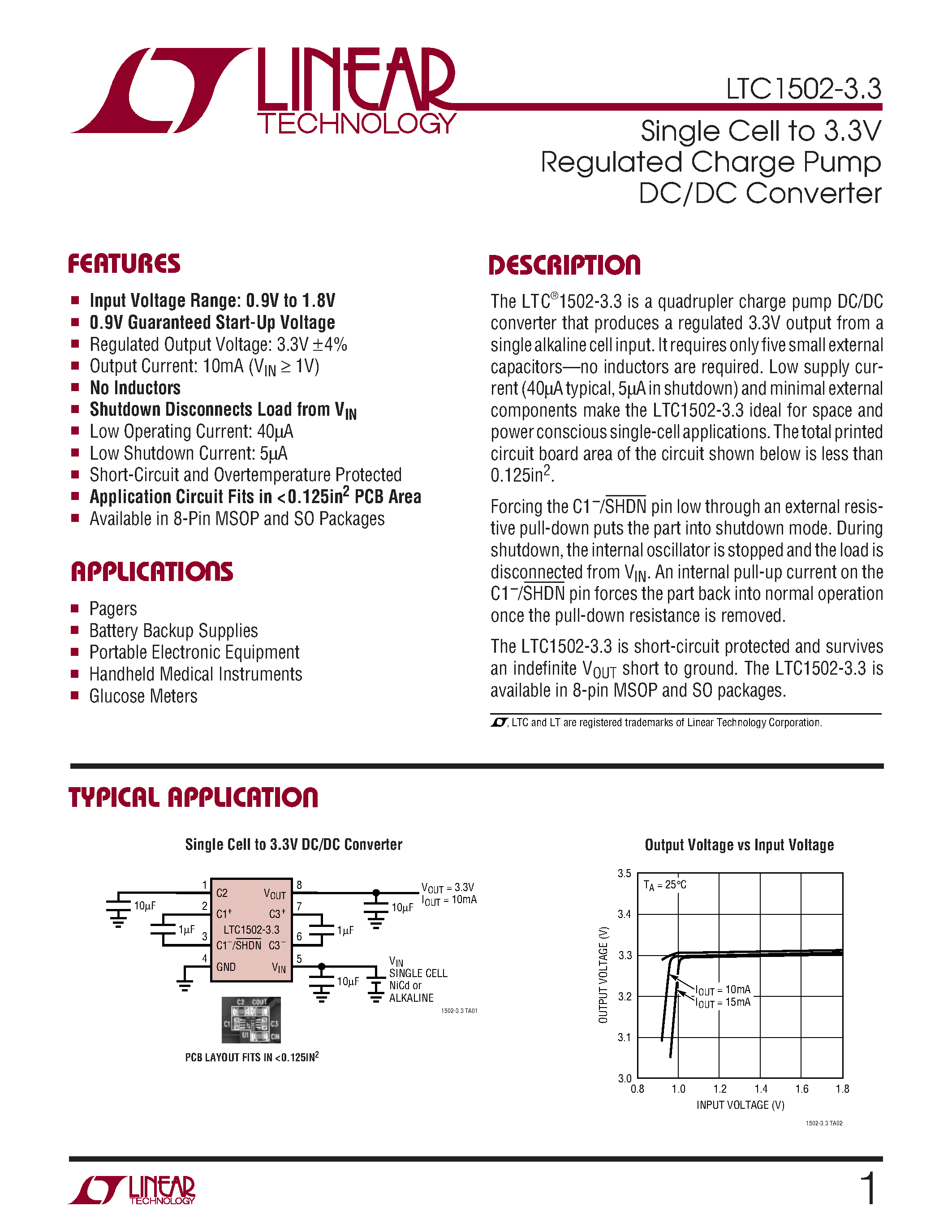 Datasheet LTC1502-3.3 - Single Cell to 3.3V Regulated Charge Pump DC/DC Converter page 1