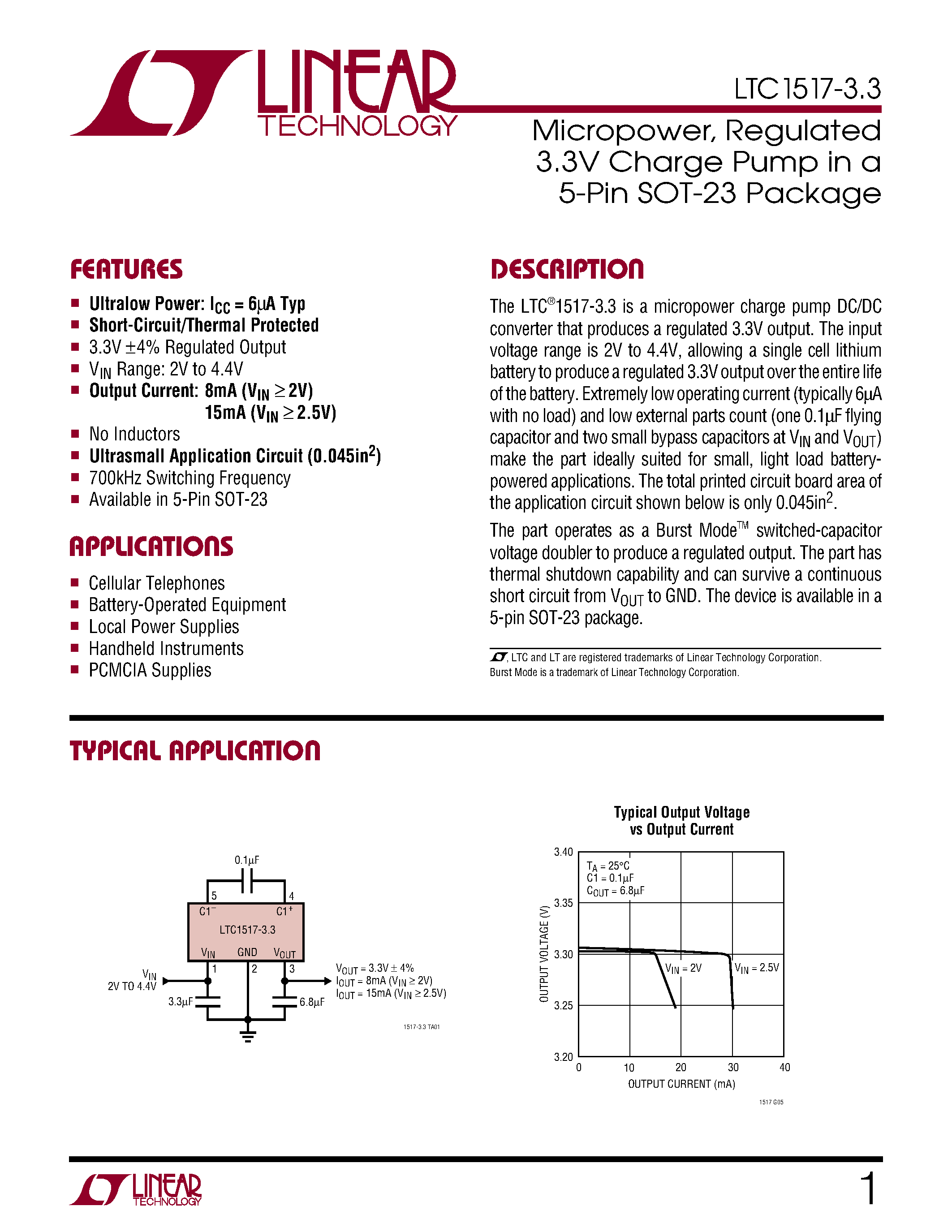 Datasheet LTC1517-3.3 - Micropower/ Regulated 3.3V Charge Pump in a 5-Pin SOT-23 Package page 1