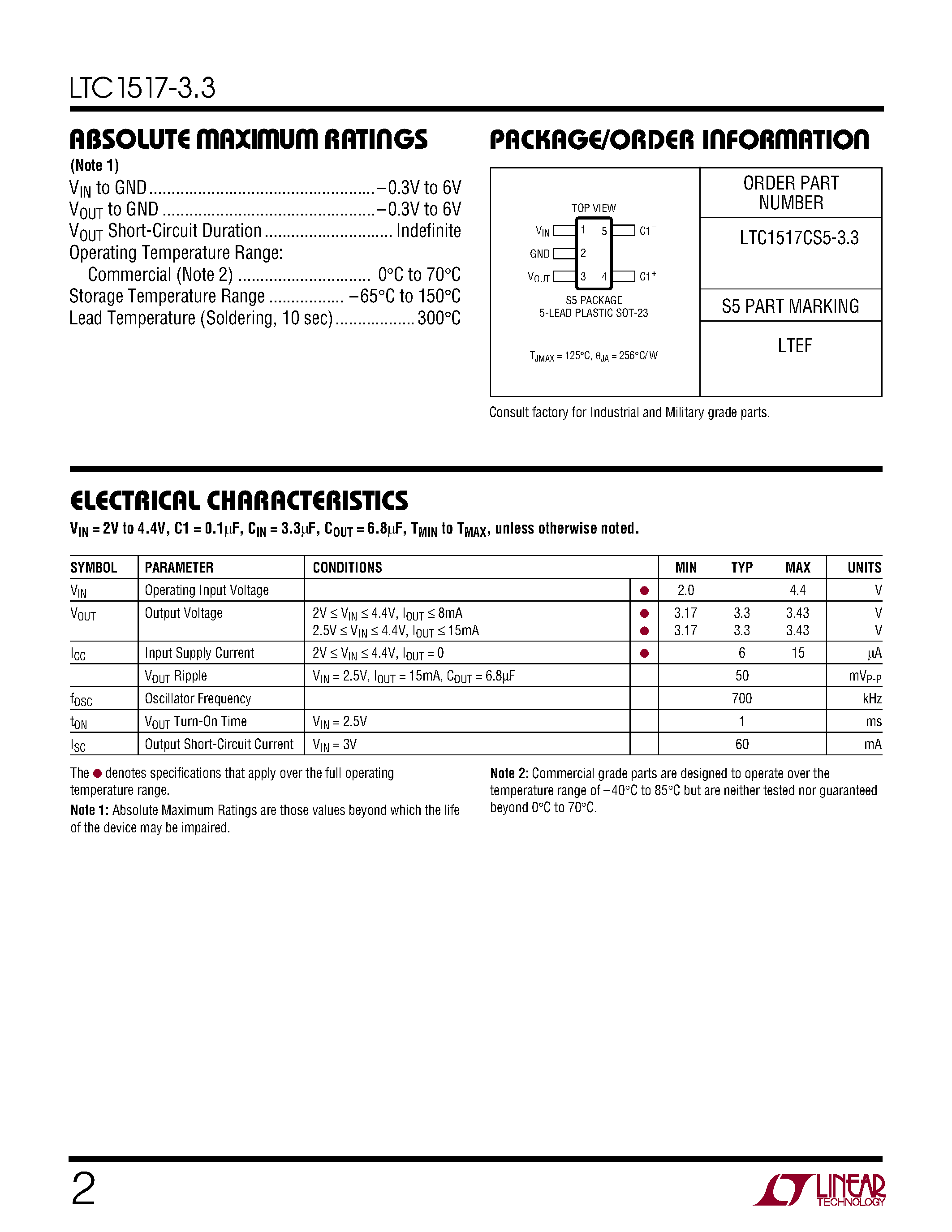 Datasheet LTC1517-3.3 - Micropower/ Regulated 3.3V Charge Pump in a 5-Pin SOT-23 Package page 2