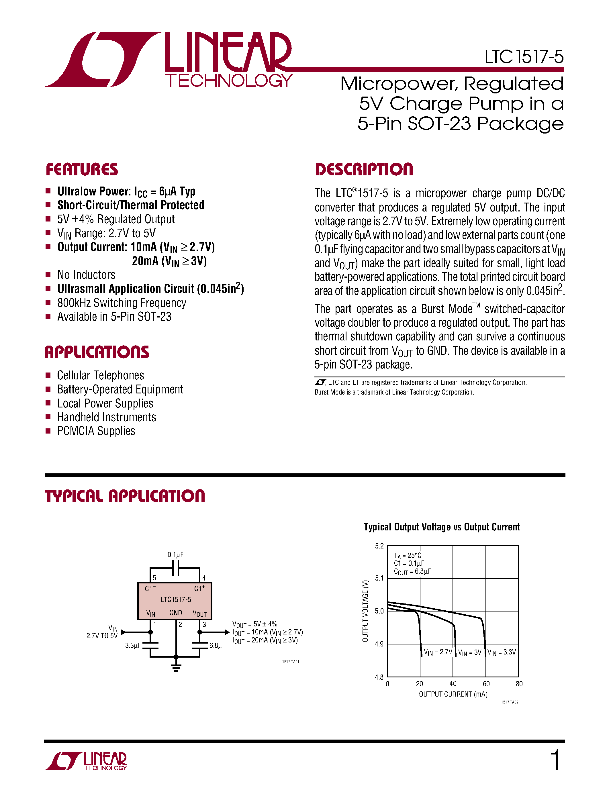 Datasheet LTC1517-5 - Micropower/ Regulated 5V Charge Pump in a 5-Pin SOT-23 Package page 1