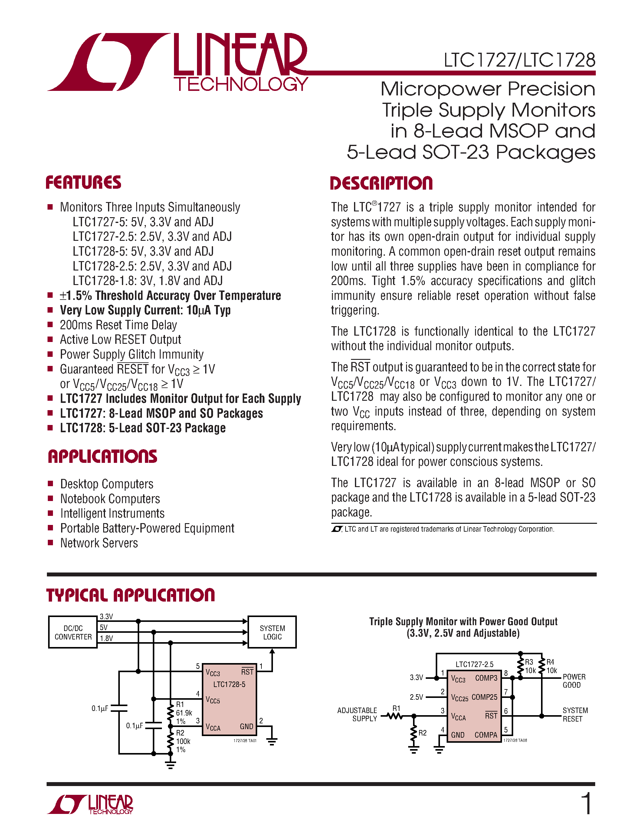 Datasheet LTC1728ES5-1.8 - Micropower Precision Triple Supply Monitors in 8-Lead MSOP and 5-Lead SOT-23 Packages page 1