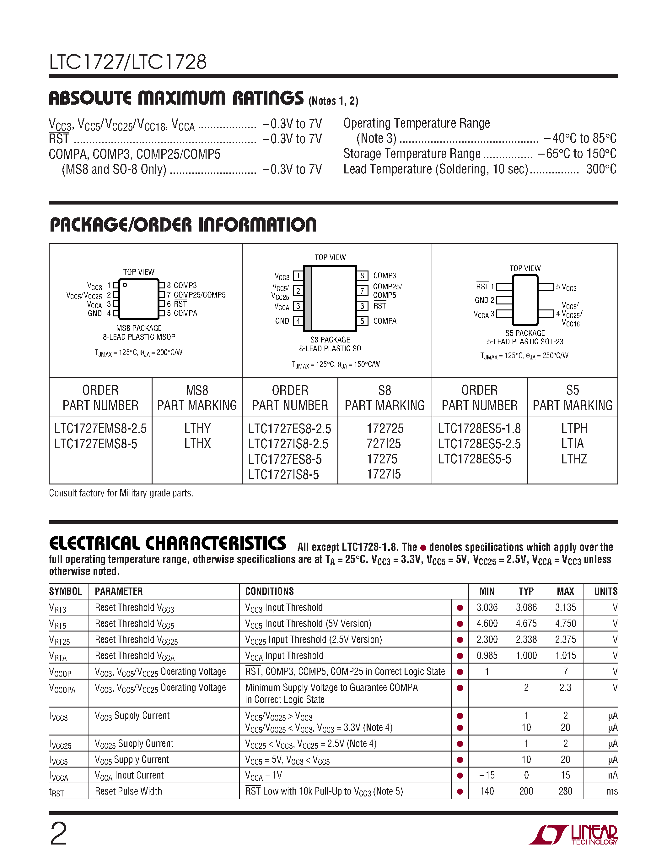 Datasheet LTC1728ES5-1.8 - Micropower Precision Triple Supply Monitors in 8-Lead MSOP and 5-Lead SOT-23 Packages page 2