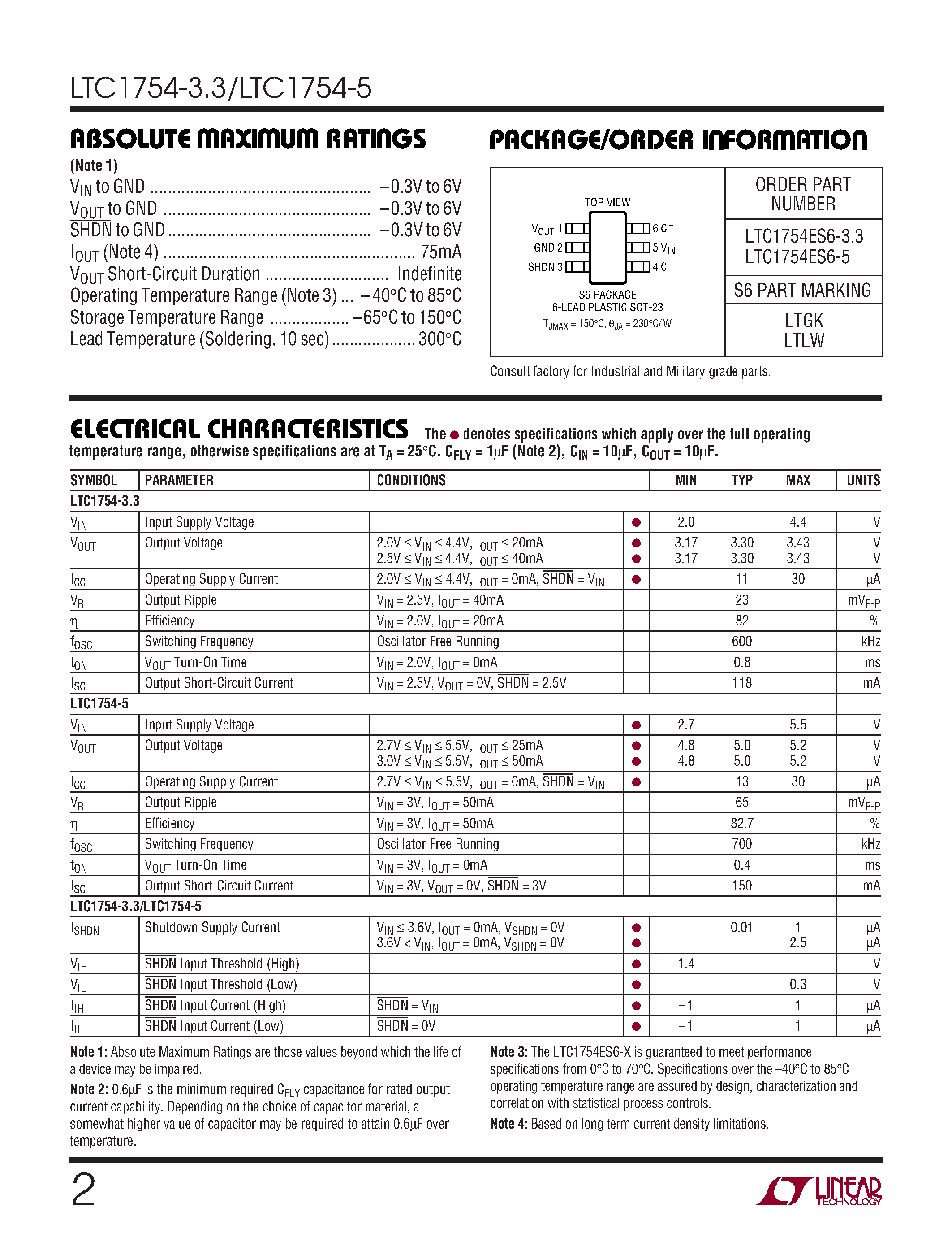 Datasheet LTC1754-3.3 - Micropower/ Regulated 3.3V/5V Charge Pump with Shutdown in SOT-23 page 2