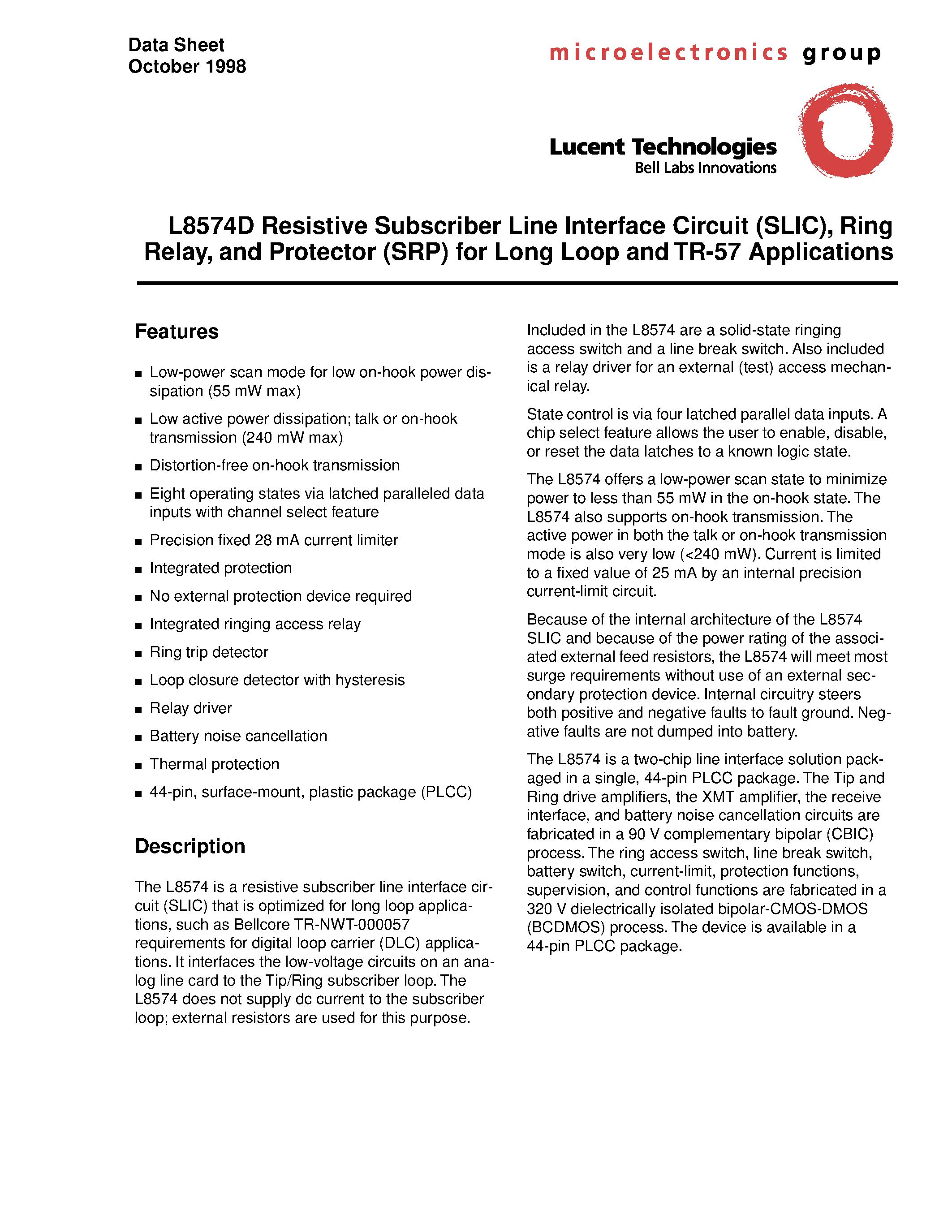 Datasheet LUCL8574DP-D - L8574D Resistive Subscriber Line Interface Circuit(SLIC)/ Ring Relay/and Protector(SRP)for Long Loop and TR-57 Applications page 1