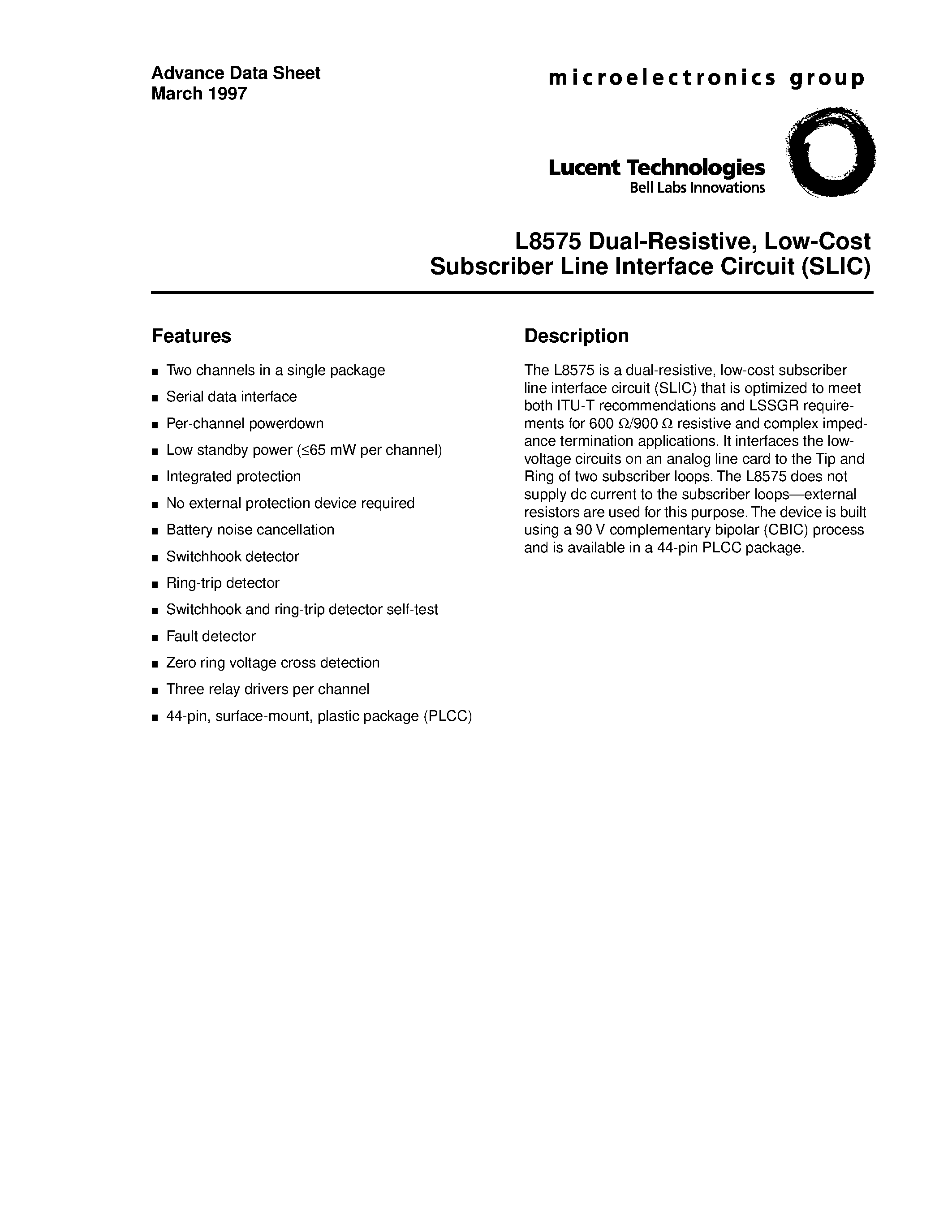 Datasheet LUCL8575BP - Dual-Resistive/Low-Cost Subscriber Line Interface Circuit(SLIC) page 1