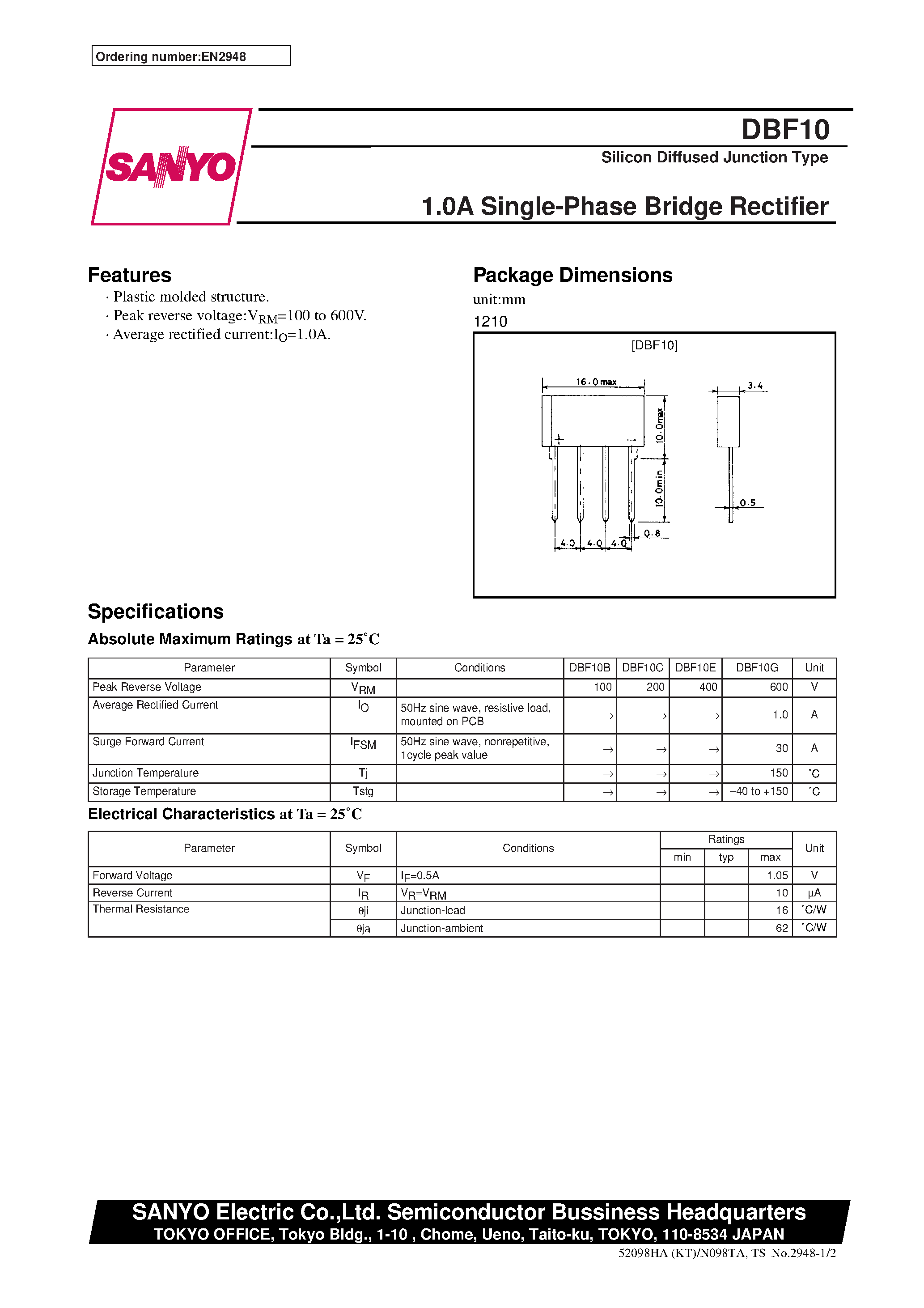 Даташит DBF10 - 1.0A Single-Phase Bridge Rectifier страница 1