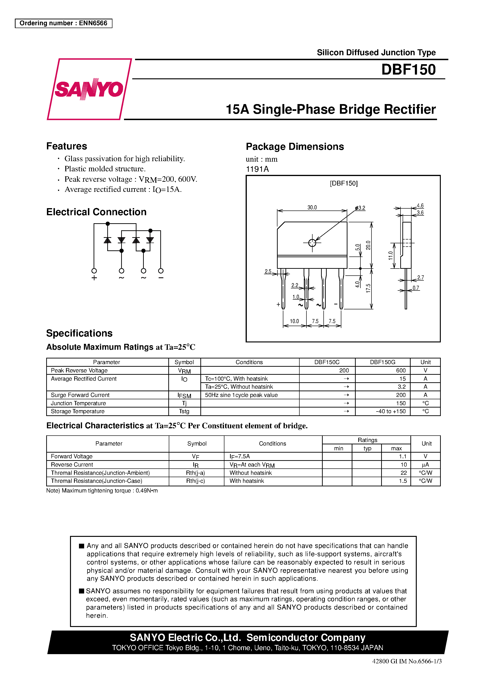 Даташит DBF150 - 15A Single-Phase Bridge Rectifier страница 1