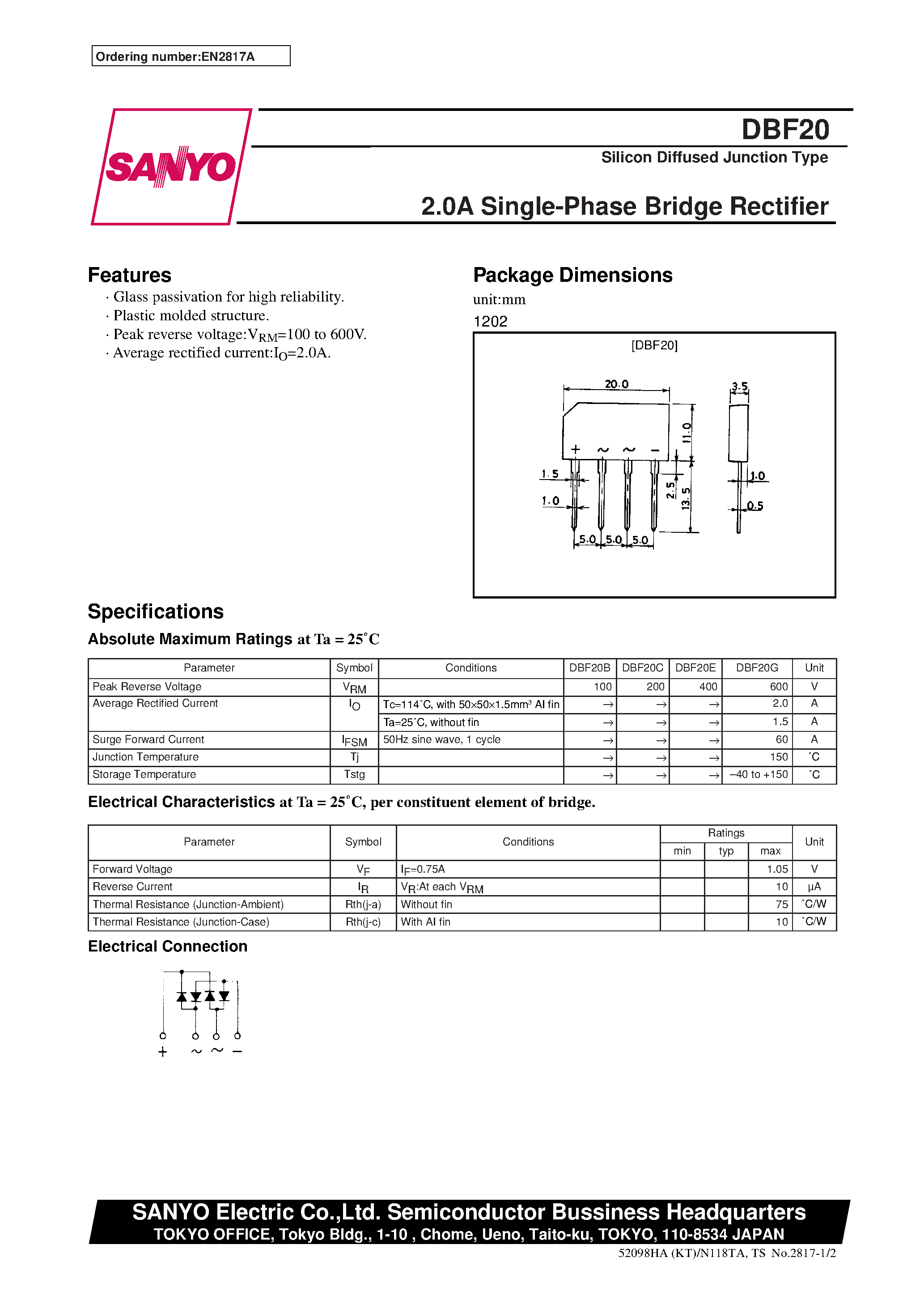 Datasheet DBF20 - 2.0A Single-Phase Bridge Rectifier page 1