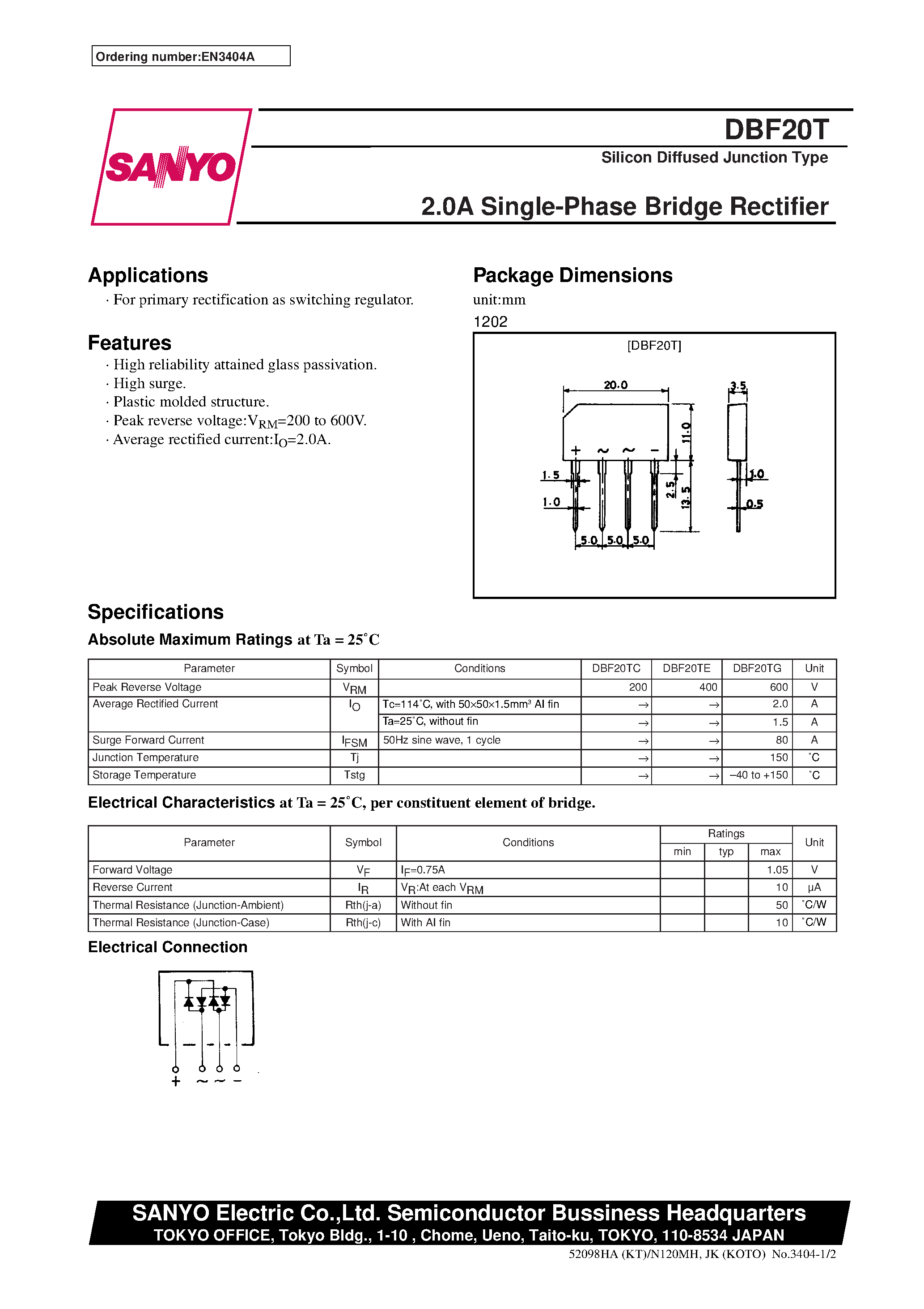 Даташит DBF20T - 2.0A Single-Phase Bridge Rectifier страница 1