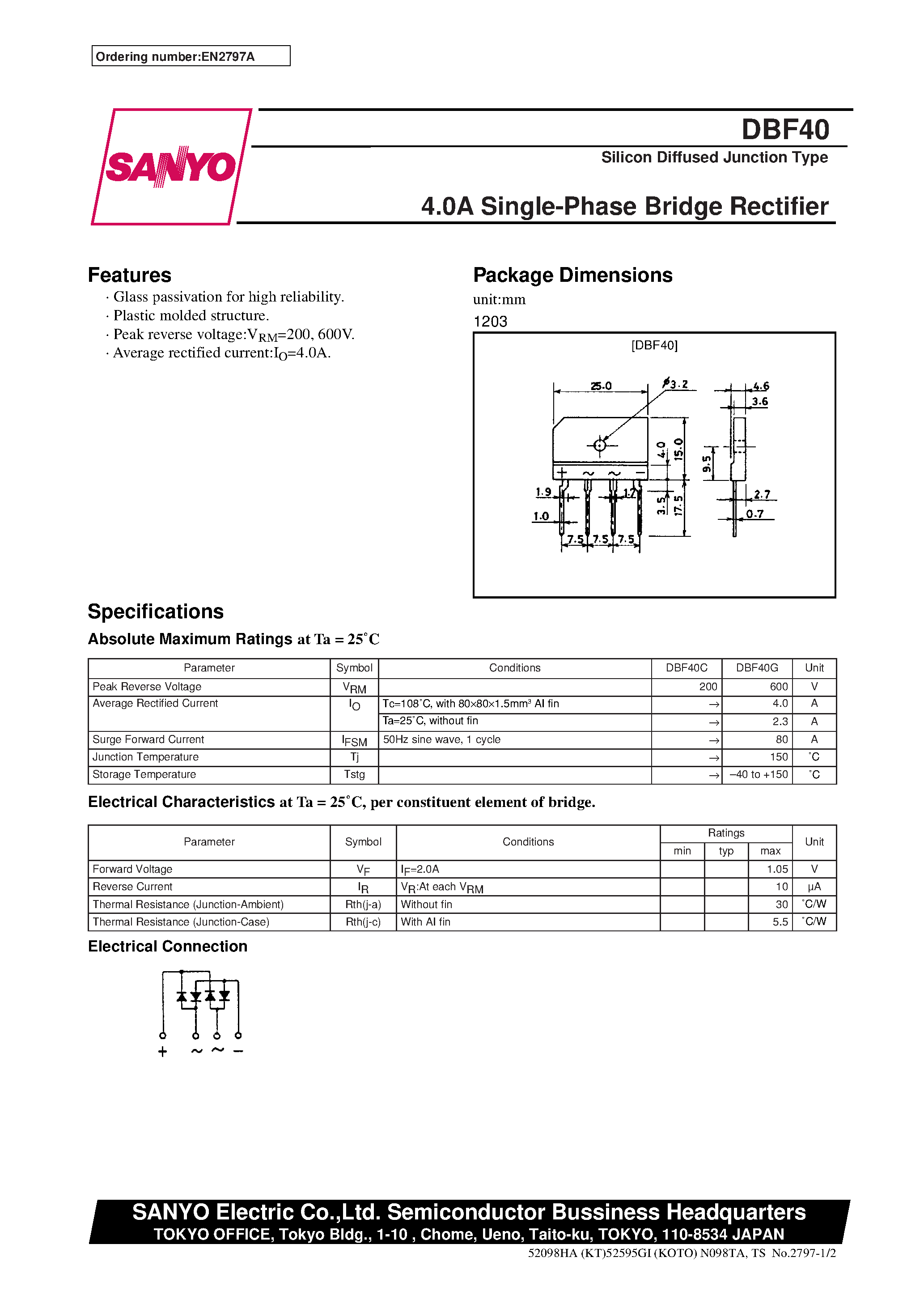 Даташит DBF40 - 4.0A Single-Phase Bridge Rectifier страница 1