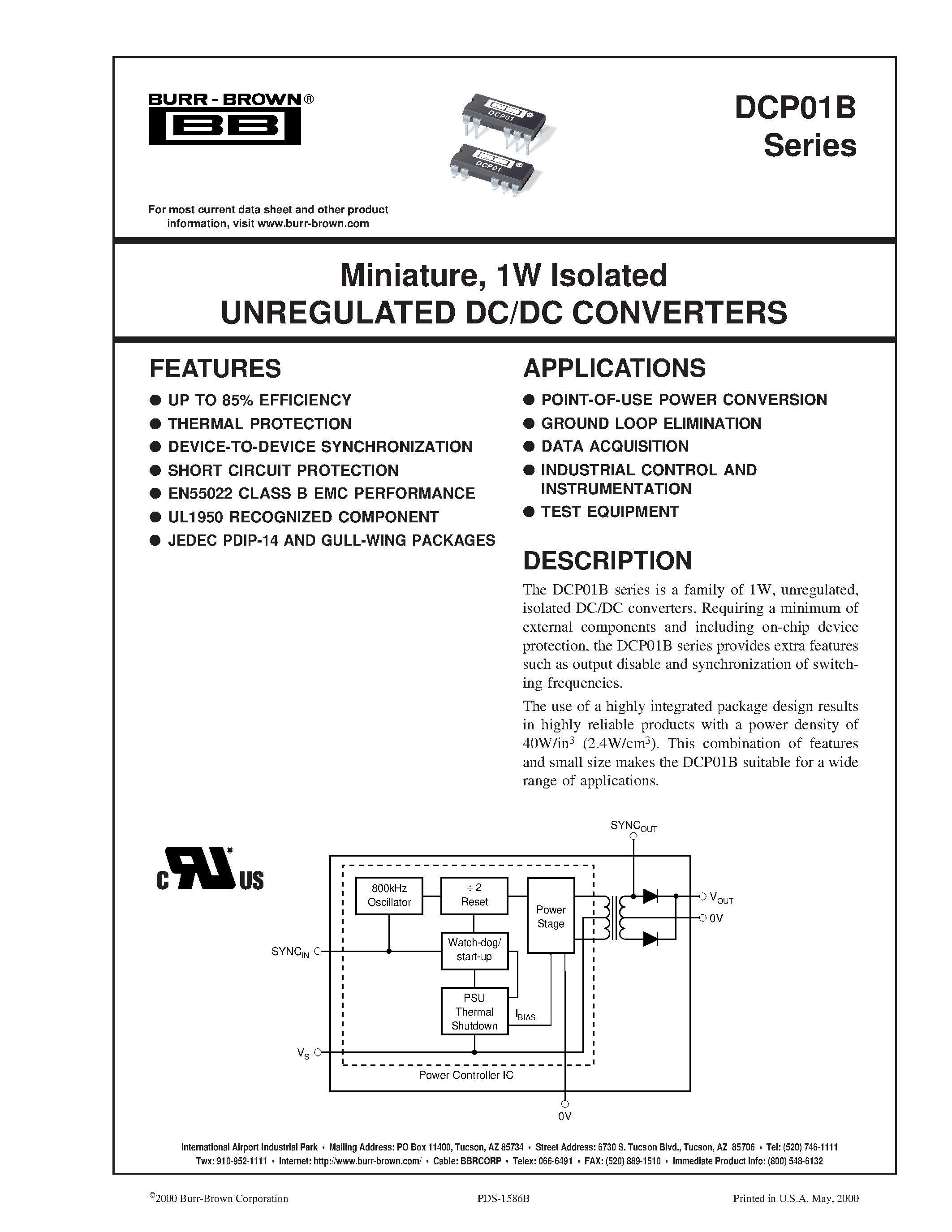 Datasheet DCP010505BP-U - Miniature/ 1W Isolated UNREGULATED DC/DC CONVERTERS page 1