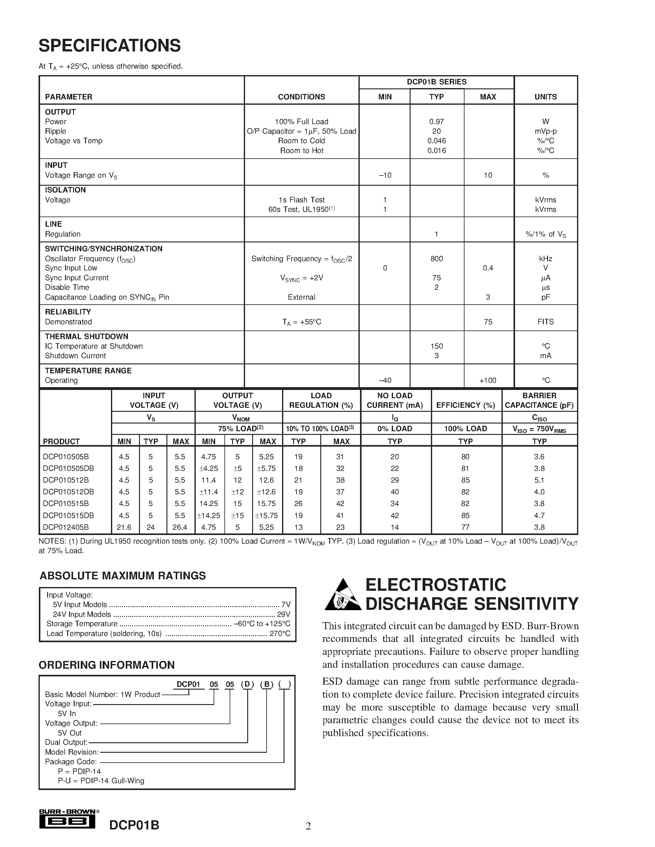 Datasheet DCP010505BP-U - Miniature/ 1W Isolated UNREGULATED DC/DC CONVERTERS page 2
