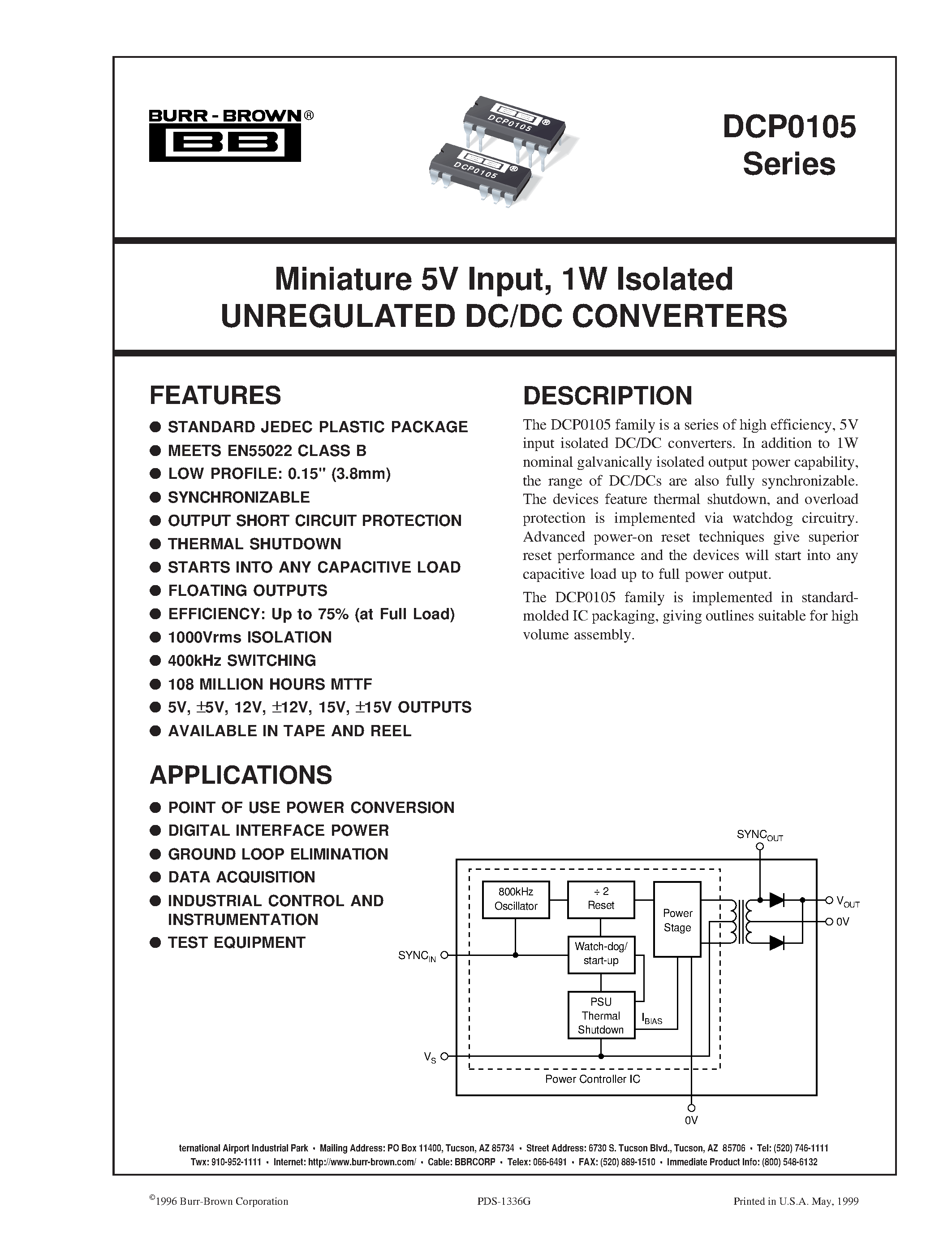 Даташит DCP010505DP-U - Miniature 5V Input/ 1W Isolated UNREGULATED DC/DC CONVERTERS страница 1