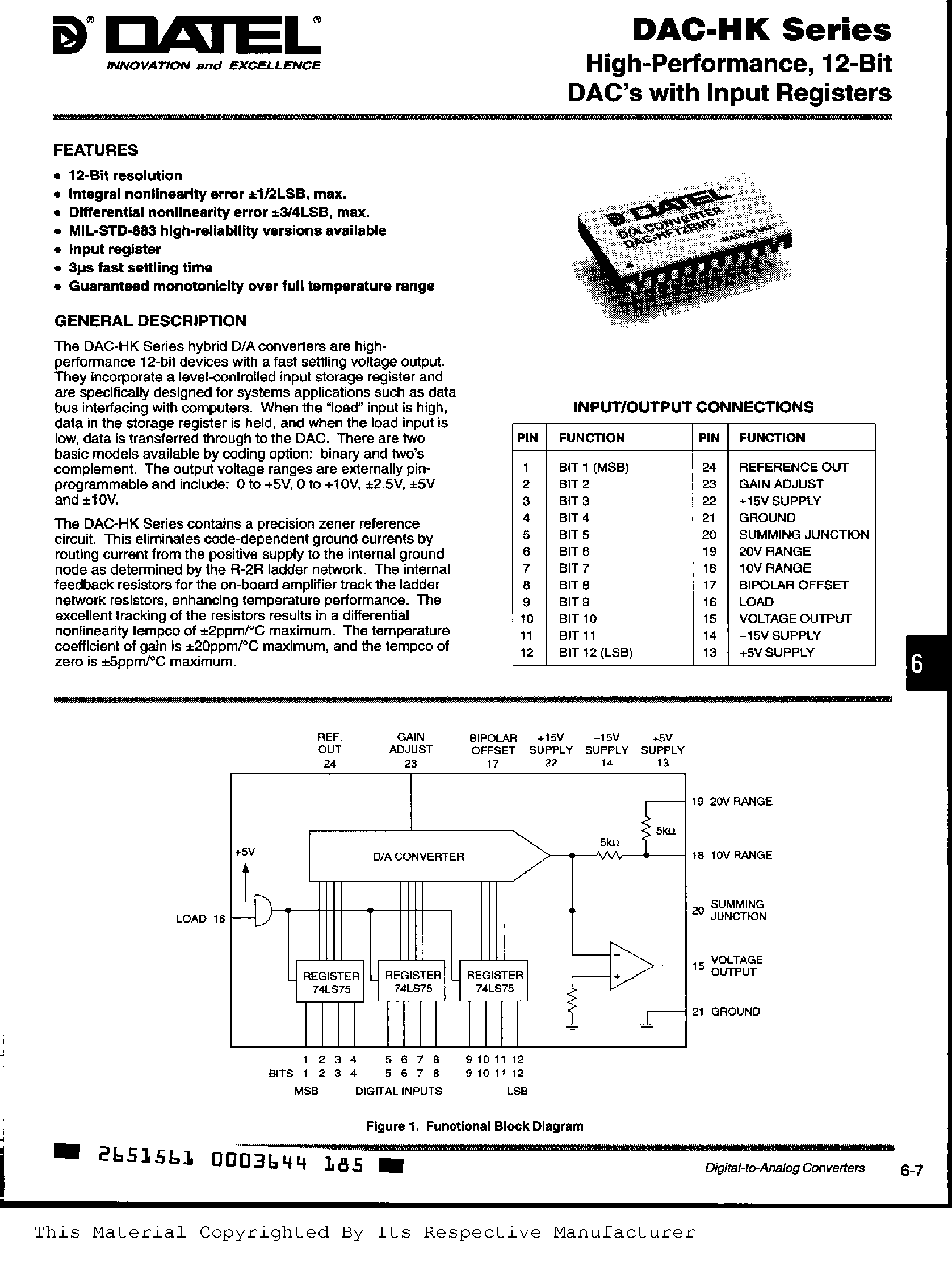 Datasheet DAC-833 - HIGH PERFORMANCE 12 BIT DAC WITH INPUT REGISTERS page 1