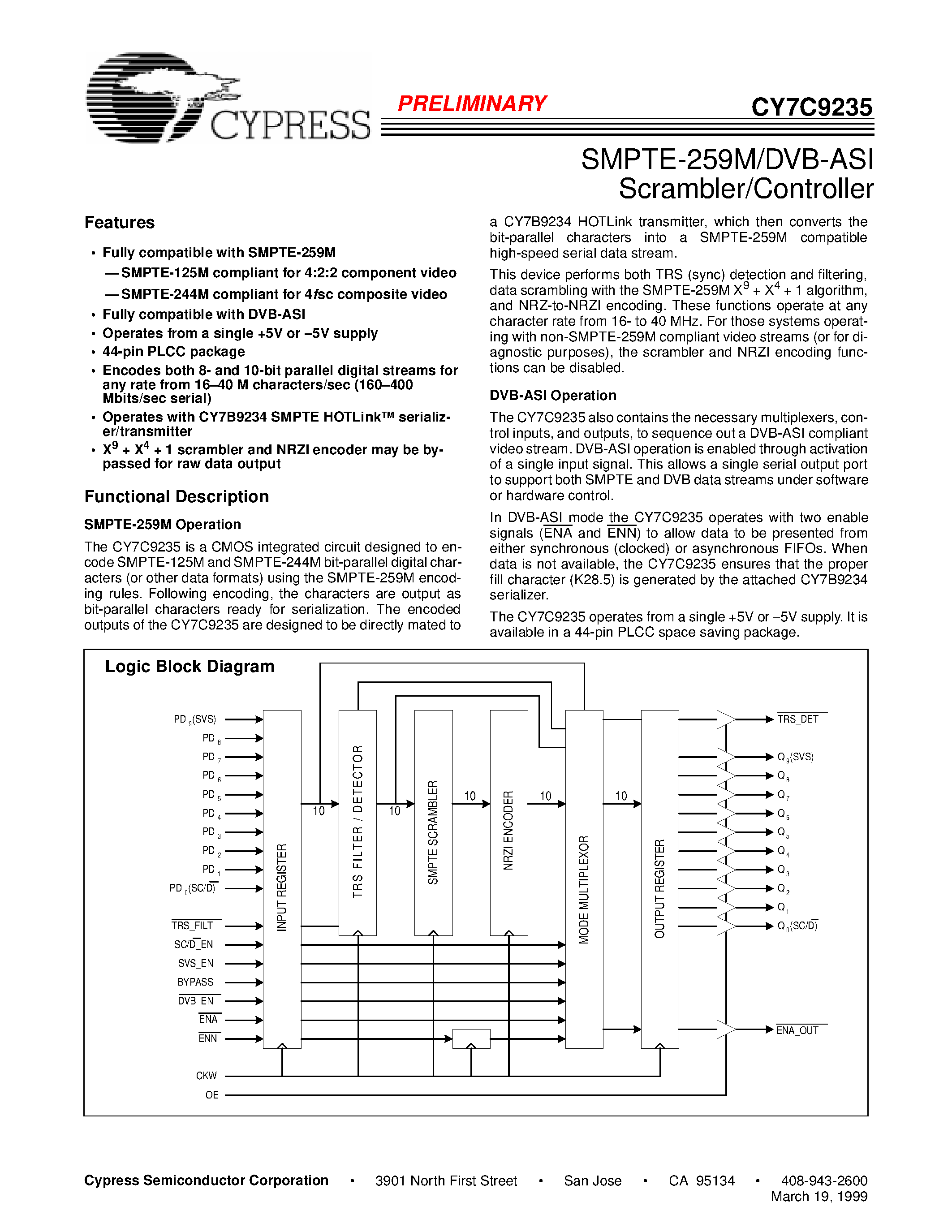 Даташит CY7C9235 - SMPTE-259M/DVB-ASI Scrambler/Controller страница 1