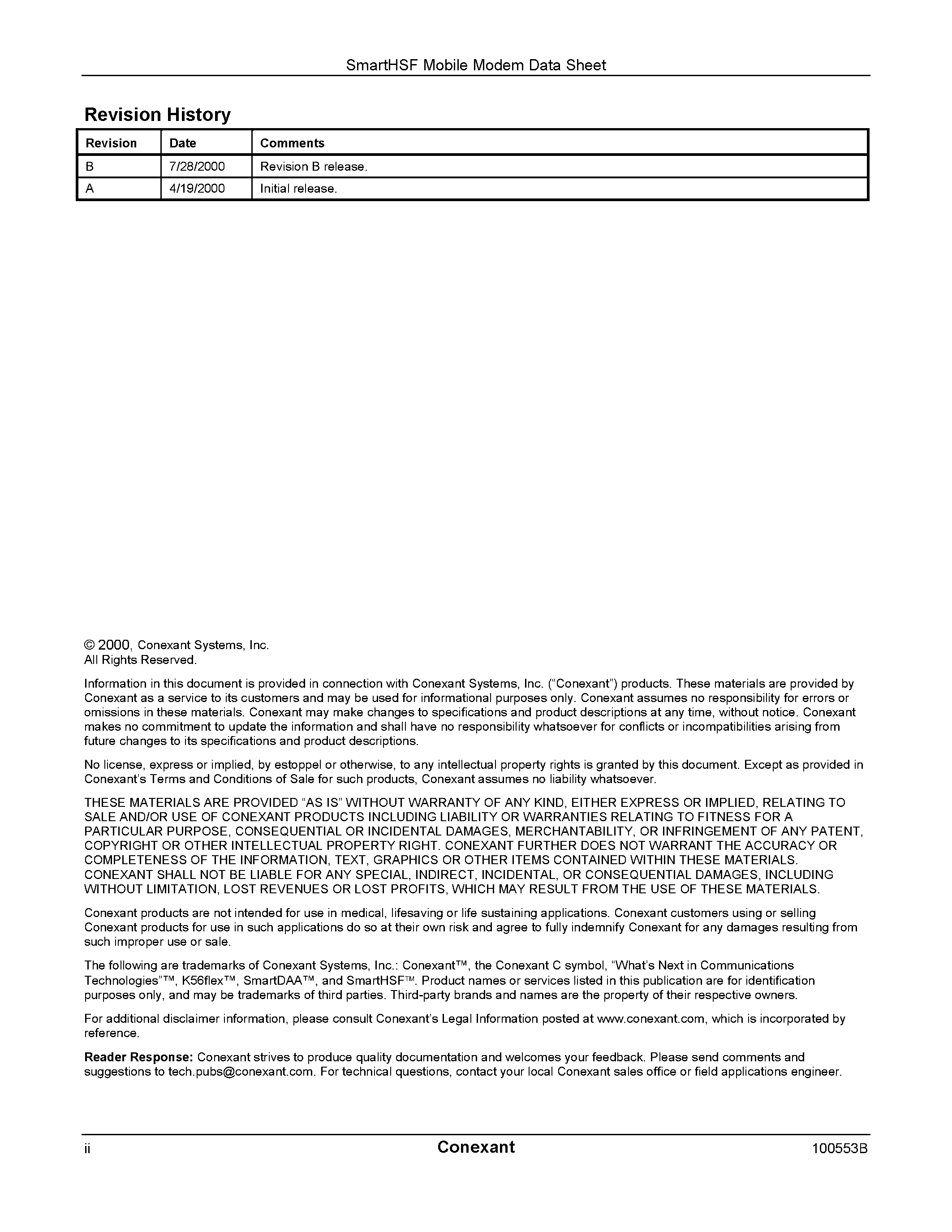 Datasheet CX11250 - SmartHSF Mobile Modem page 2