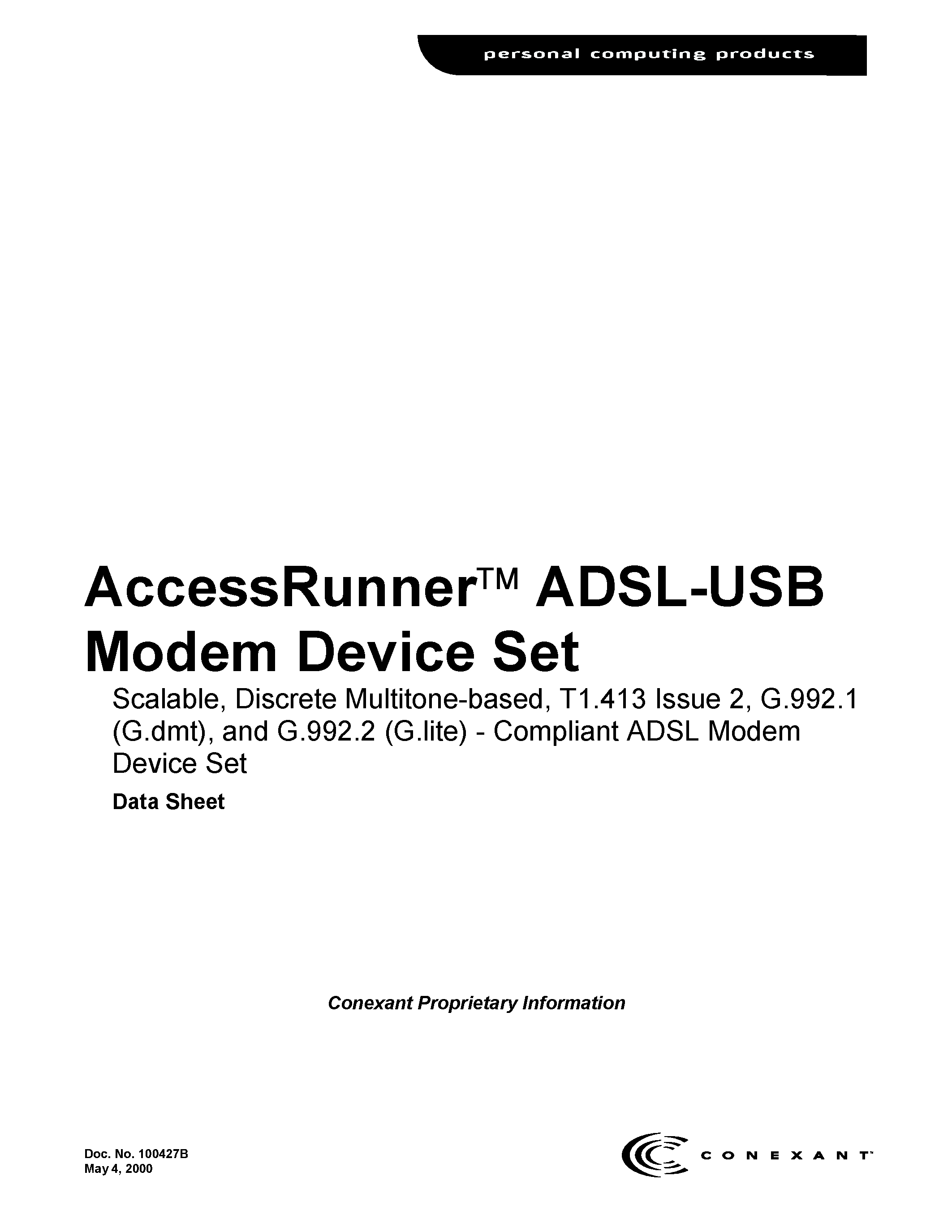 Datasheet CX11627-11 - AccessRunner ADSL-USB Modem Device Set page 1