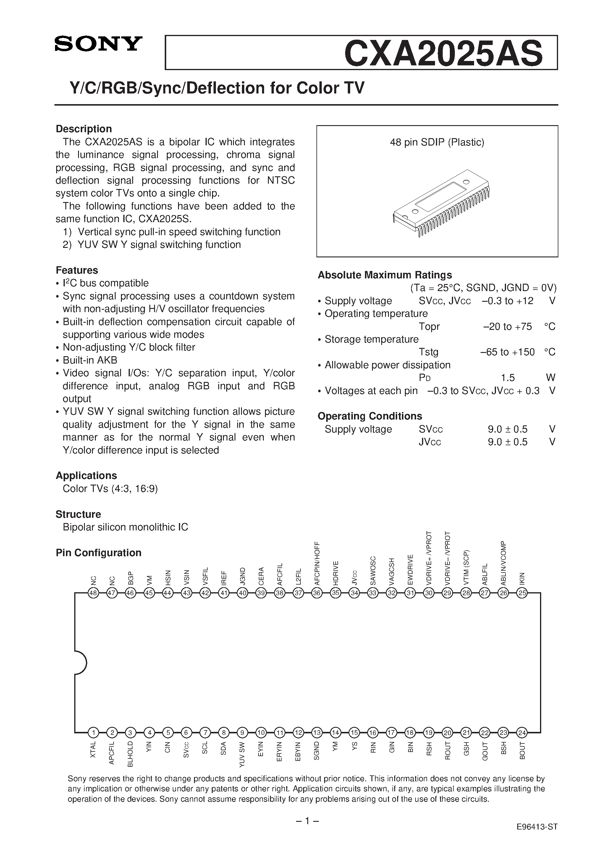 Datasheet CXA2025 - Y/C/RGB/Sync/Deflection for Color TV page 1