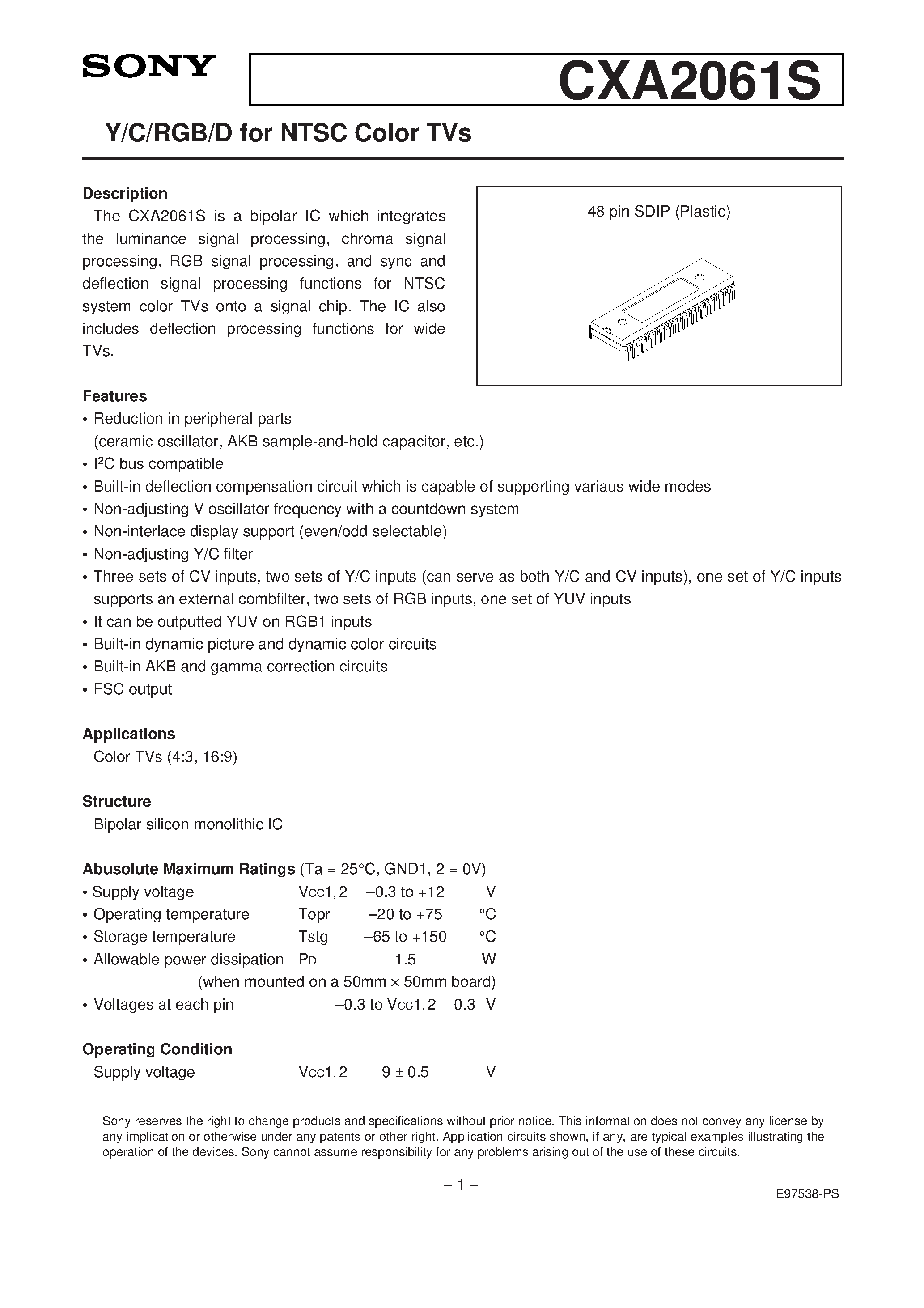 Datasheet CXA2061S - Y/C/RGB/D for NTSC Color TVs page 1