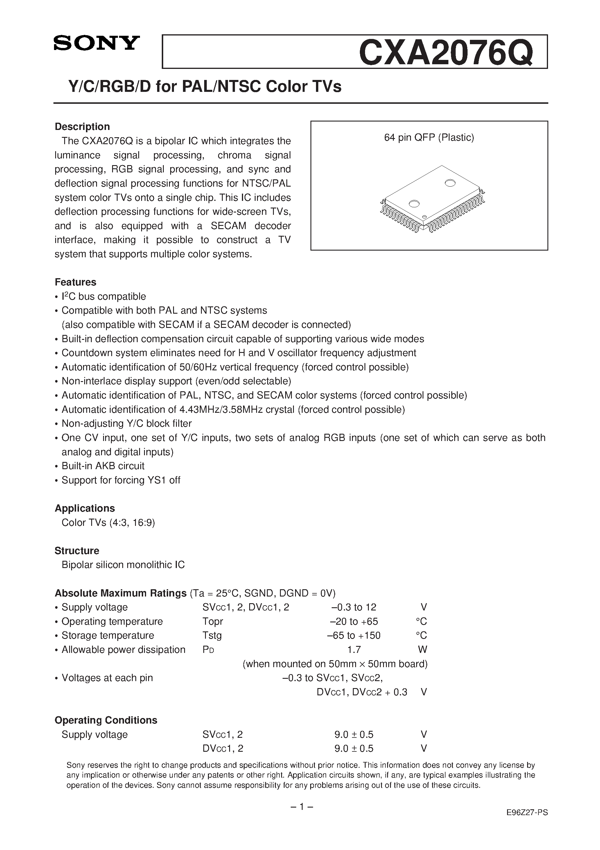 Datasheet CXA2076Q - Y/C/RGB/D for PAL/NTSC Color TVs page 1