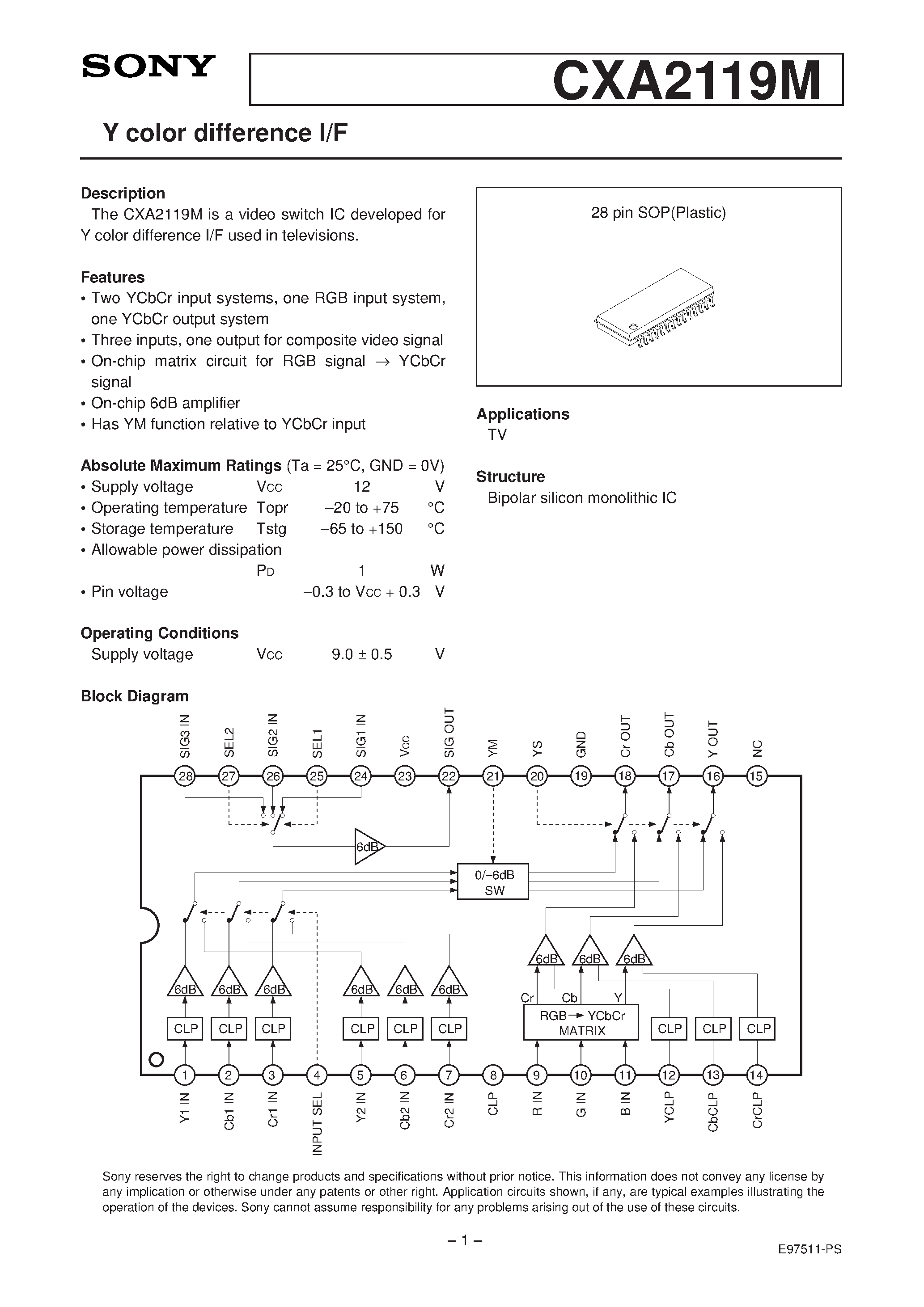 Datasheet CXA2119M - Y color difference I/F page 1