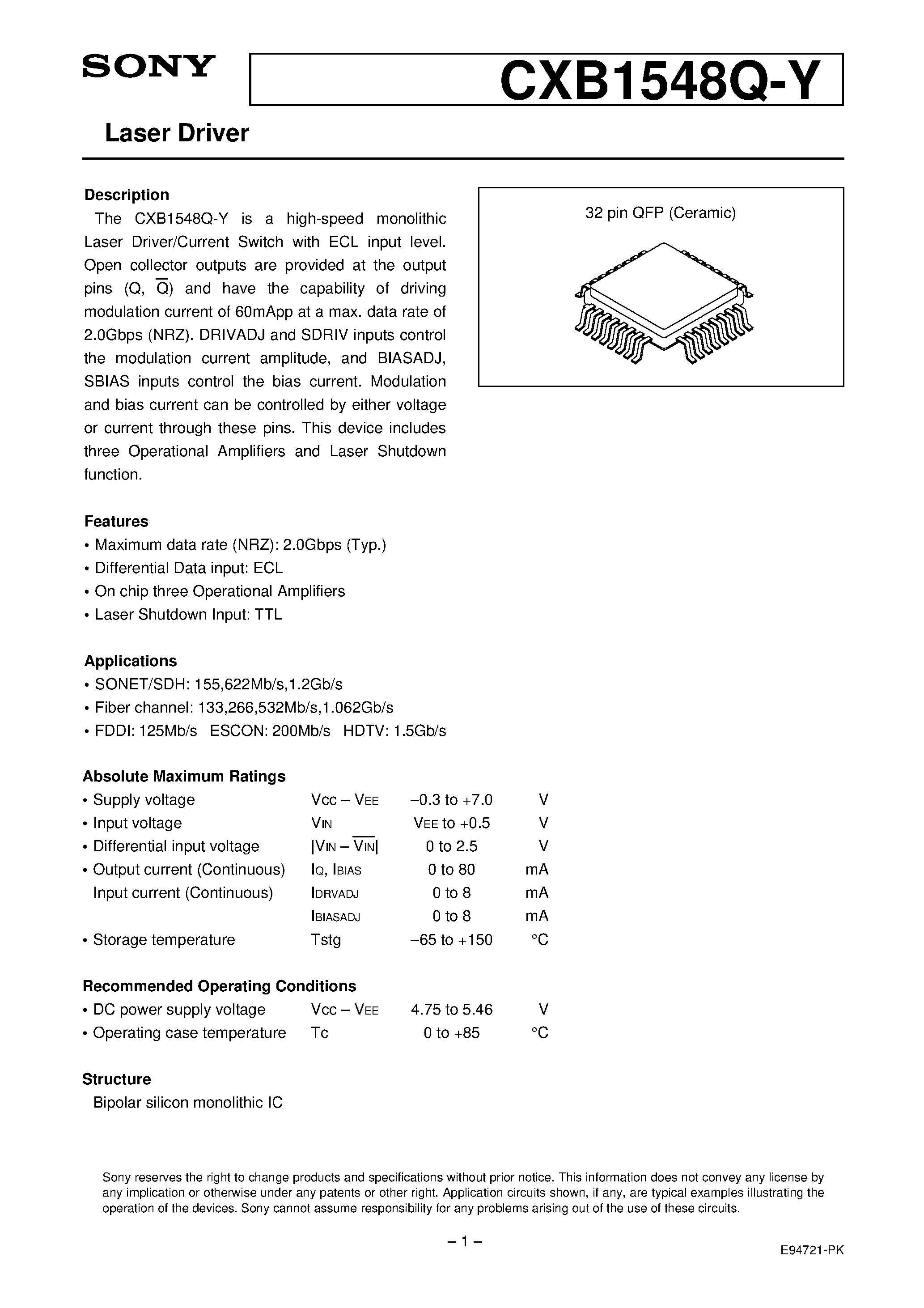 Datasheet CXB1548Q-Y - Laser Driver page 1