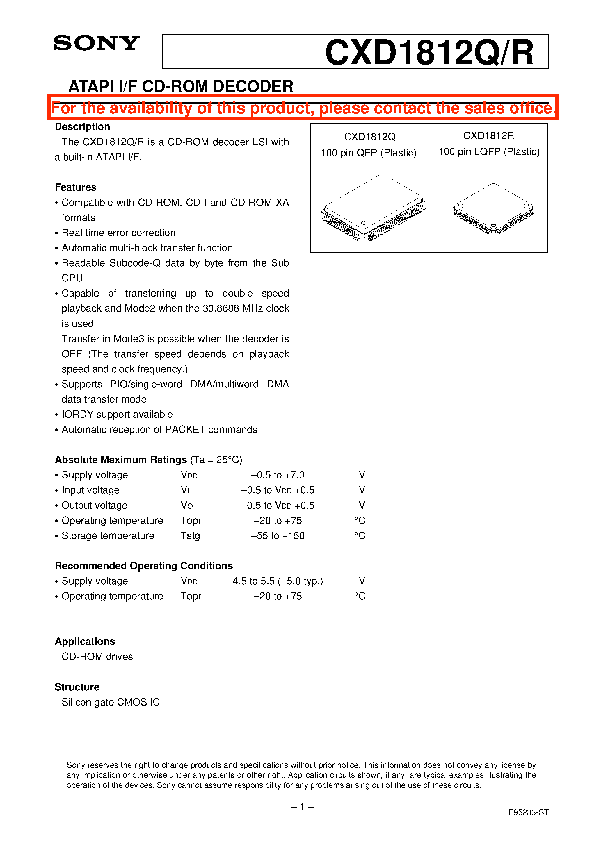 Datasheet CXD1812R - ATAPI I/F CD-ROM DECODER page 1