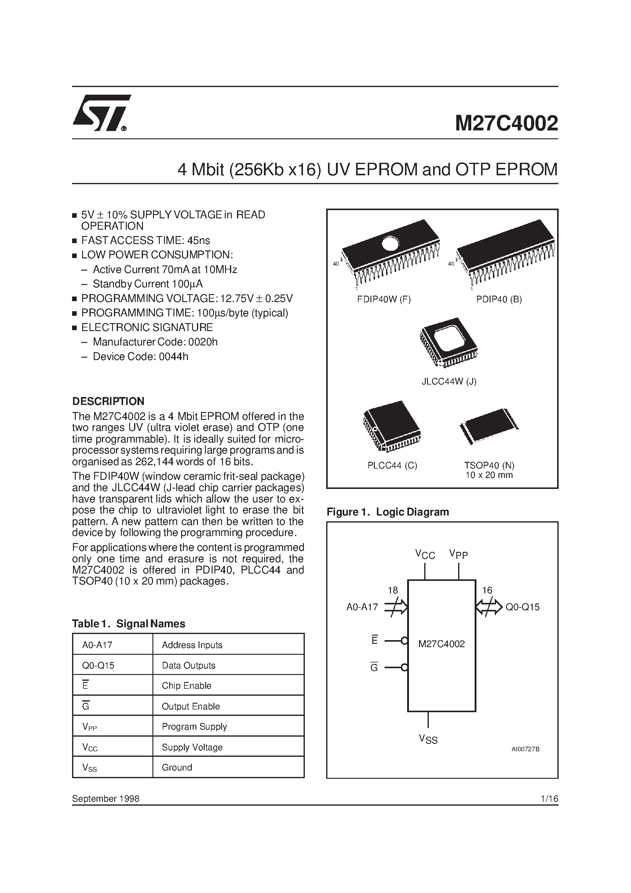 Даташит M27C4002-10XC1TR - 4 Mbit 256Kb x16 UV EPROM and OTP EPROM страница 1
