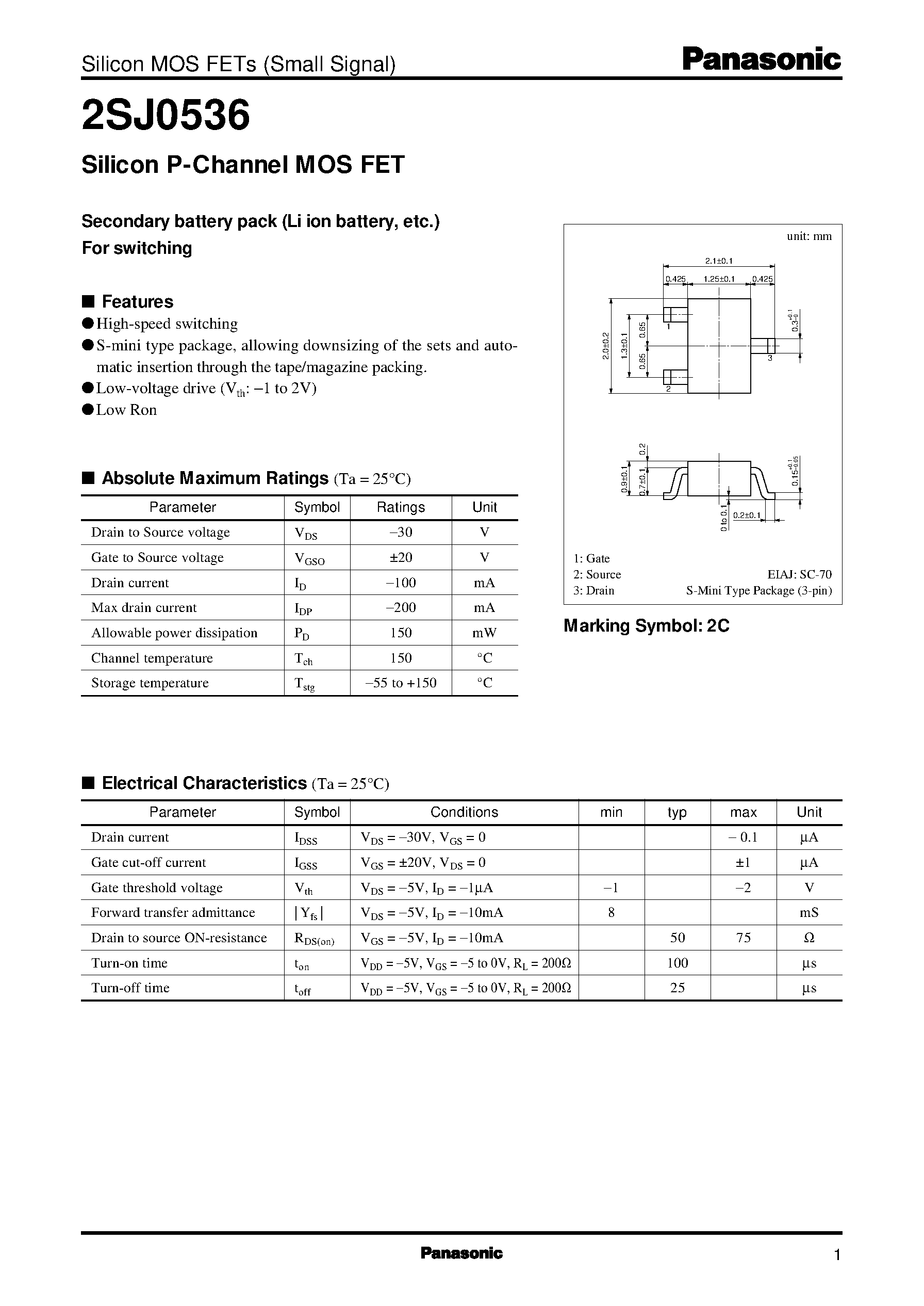 Datasheet 2SJ0536 - Silicon P-Channel MOS FET page 1
