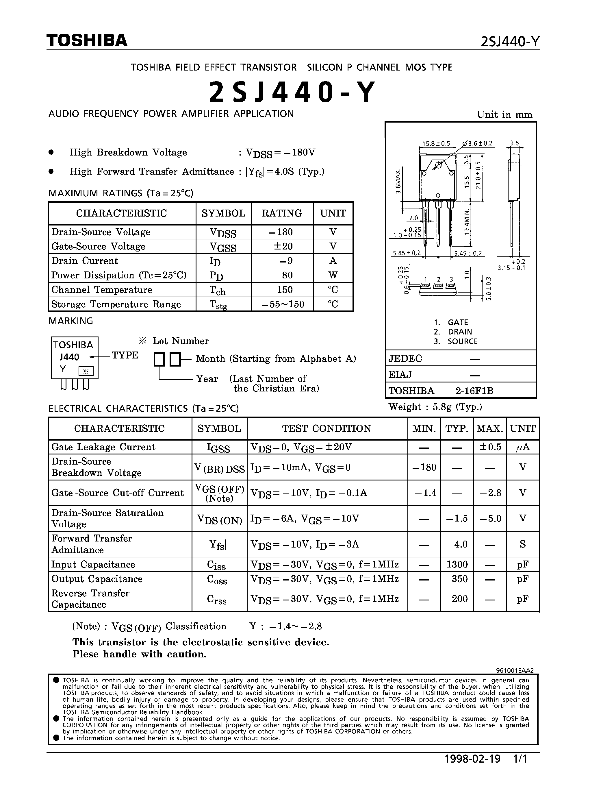 Datasheet 2SJ440-Y - P CHANNEL MOS TYPE (AUDIO FREQUENCY POWER AMPLIFIER APPLICATION) page 1