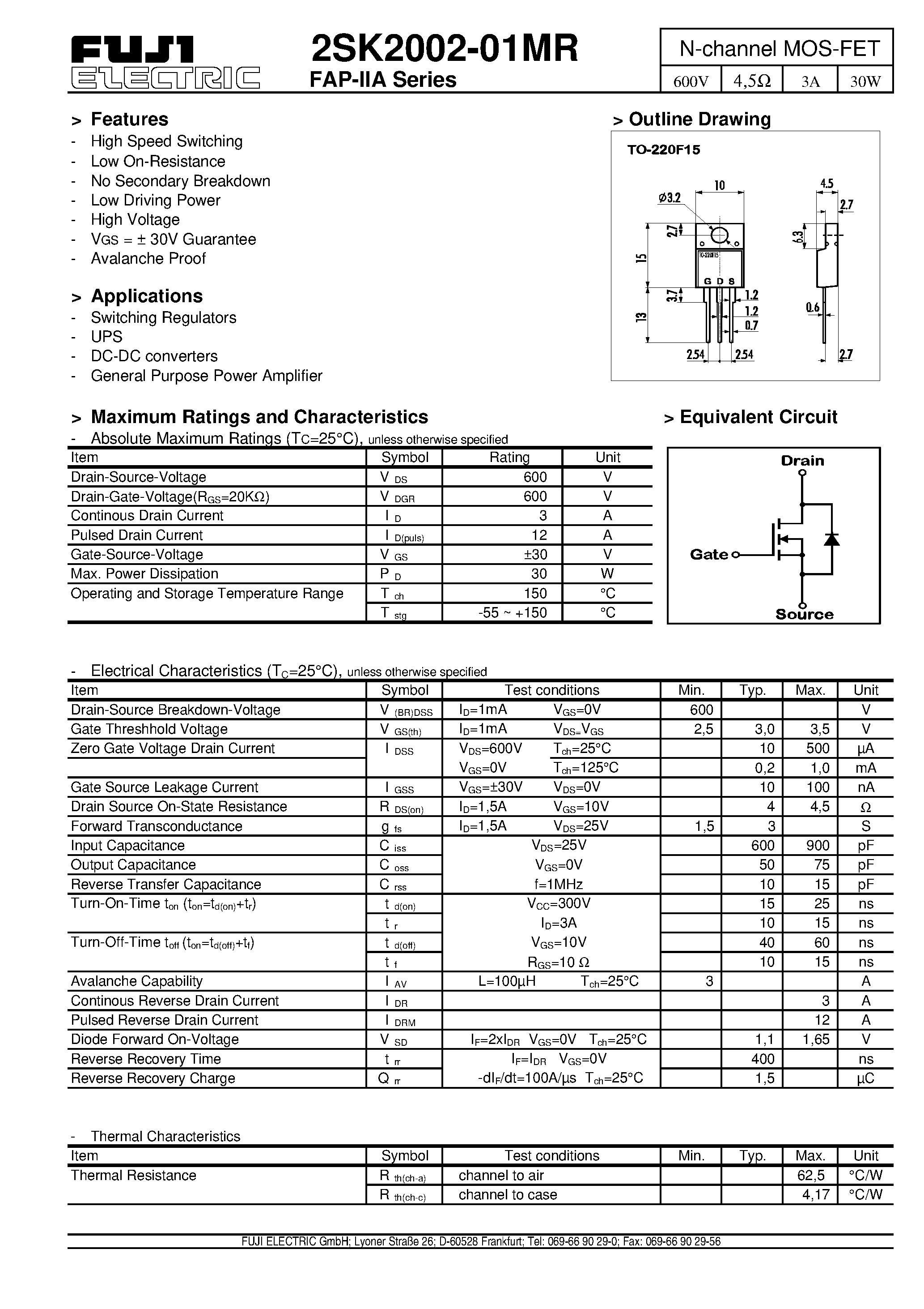 Datasheet 2SK2002-01MR - N-channel MOS-FET page 1