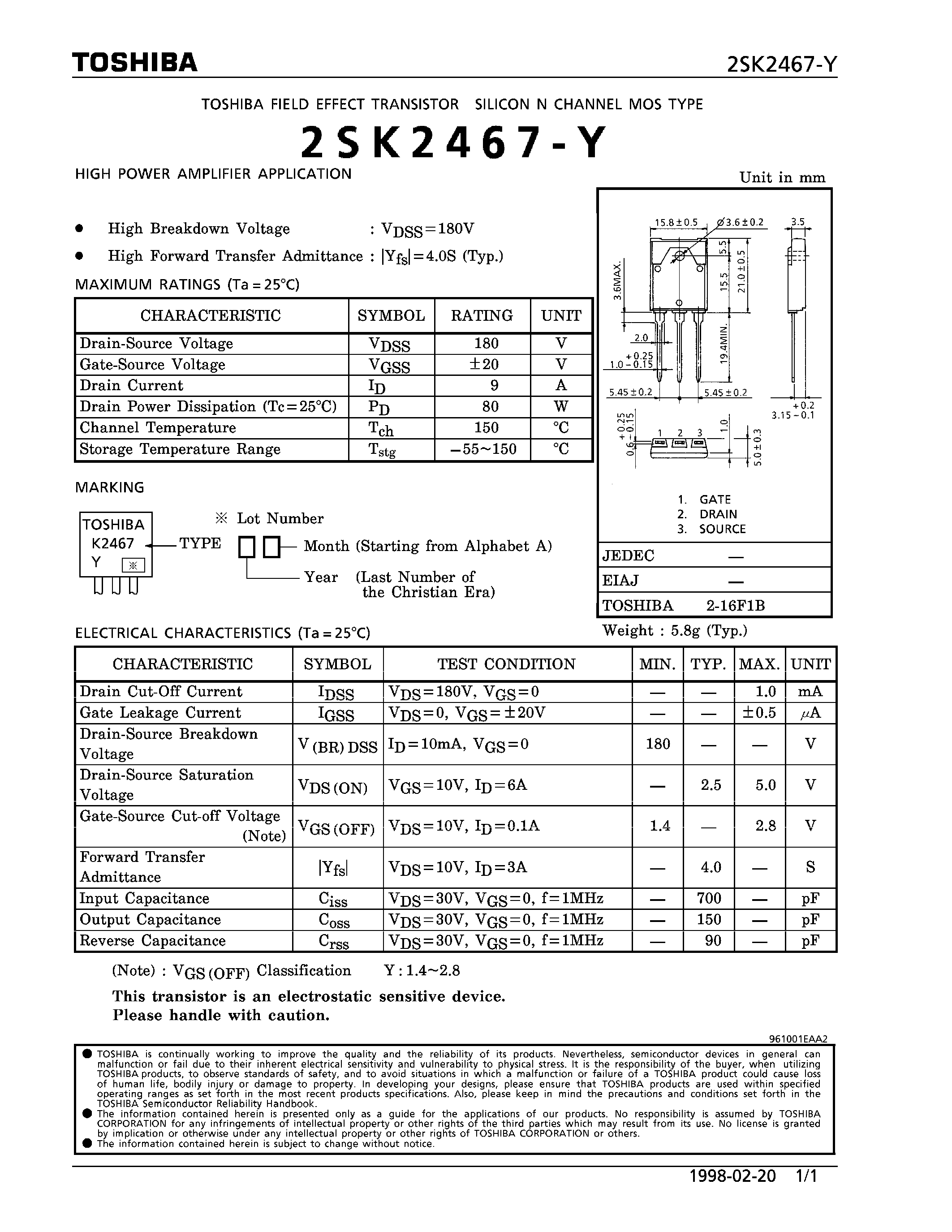 Datasheet 2SK2467-Y - N CHANNEL MOS TYPE (HIGH POWER AMPLIFIER APPLICATIONS) page 1