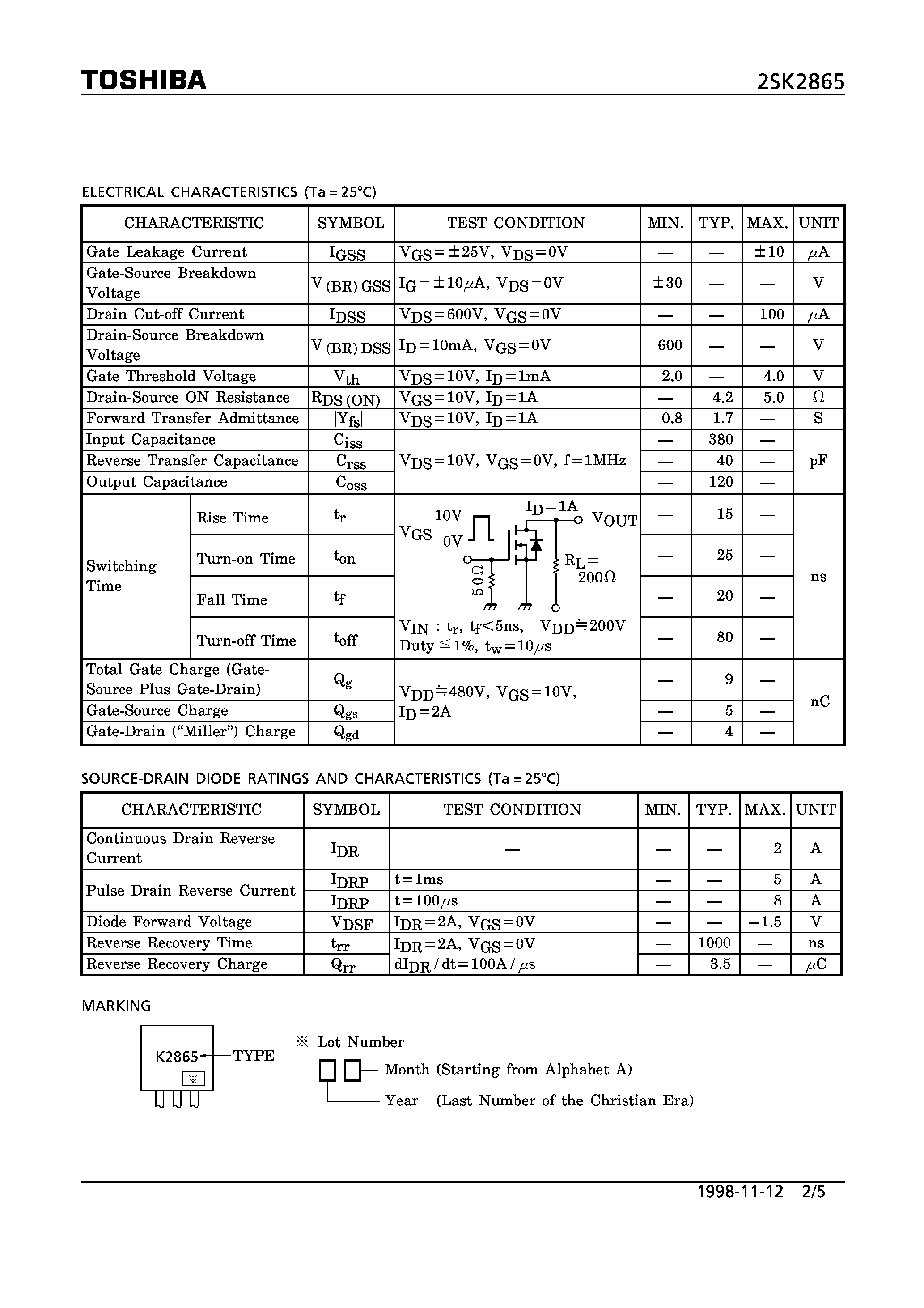 Datasheet 2SK2865 - N CHANNEL MOS TYPE (HIGH SPEED/ HIGH CURRENT SWITCHING/ CHOPPER REGULATOR/ DC-DC CONVERTERAND MOTOR DRIVE APPLICATIONS) page 2