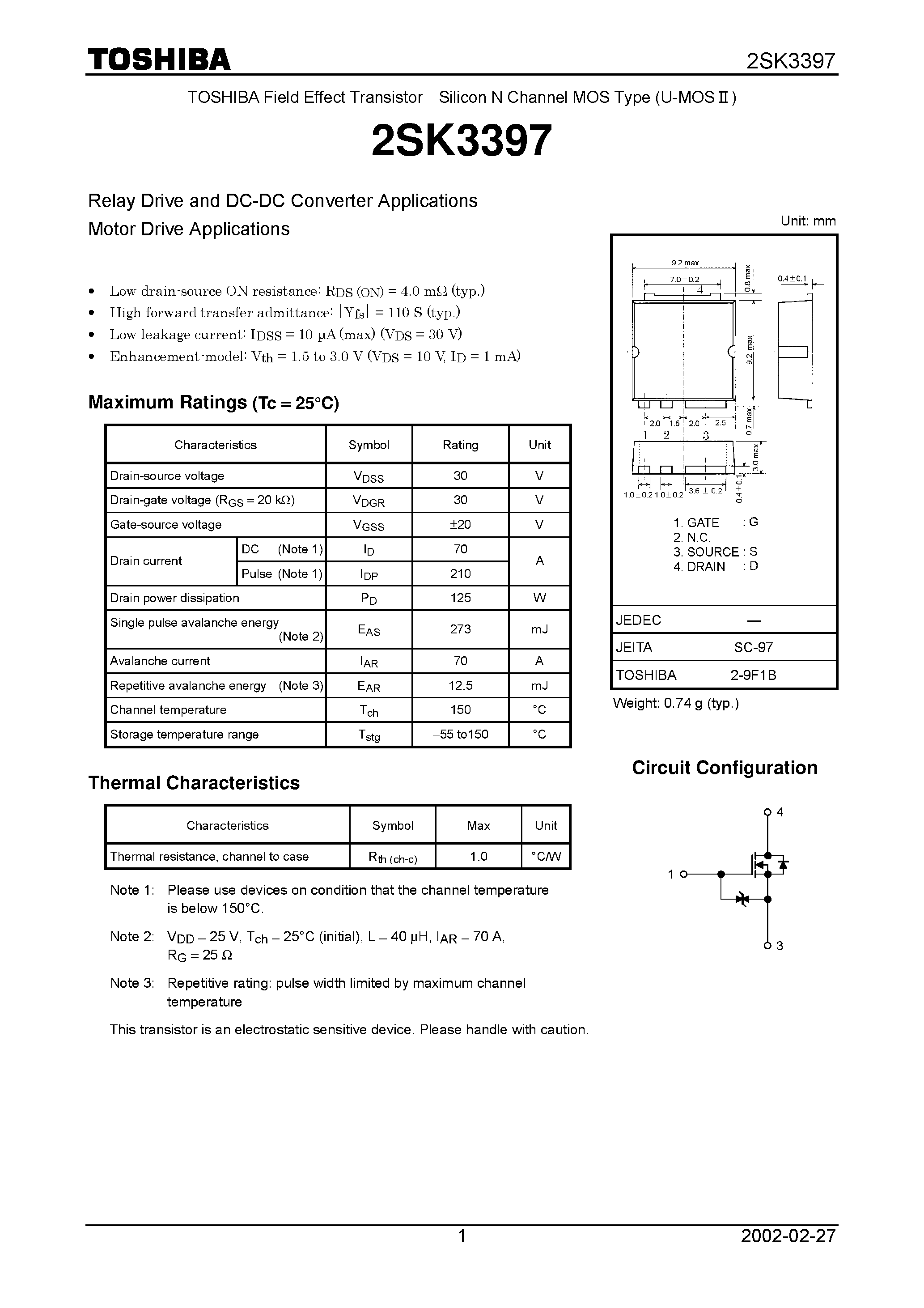 Datasheet 2SK3397 - TOSHIBA Field Effect Transistor Silicon N Channel MOS Type (U-MOS) page 1