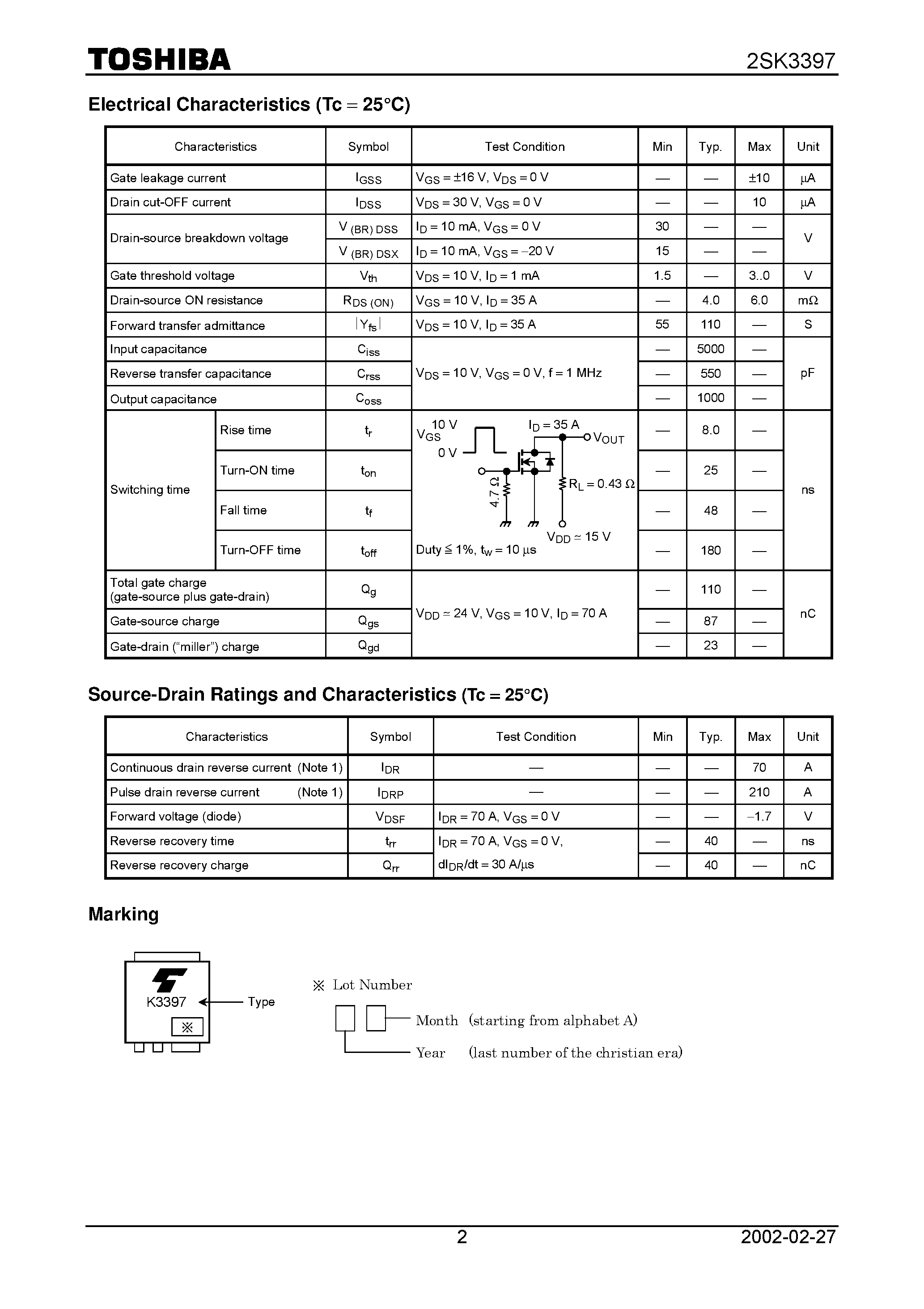 Datasheet 2SK3397 - TOSHIBA Field Effect Transistor Silicon N Channel MOS Type (U-MOS) page 2