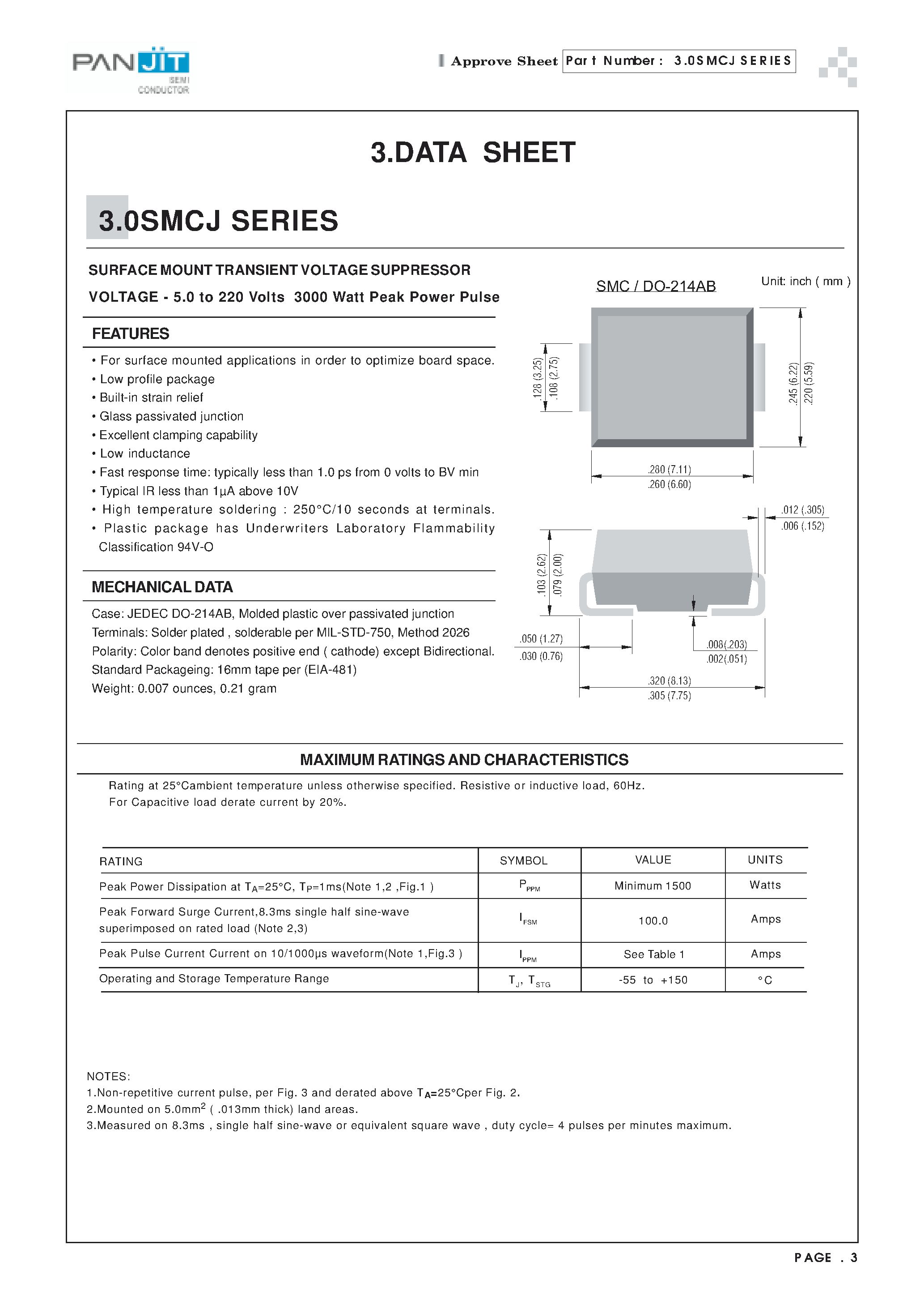 Datasheet 3.0SMCJ6.5 - SURFACE MOUNT TRANSIENT VOLTAGE SUPPRESSOR(VOLTAGE - 5.0 to 220 Volts 3000 Watt Peak Power Pulse) page 1