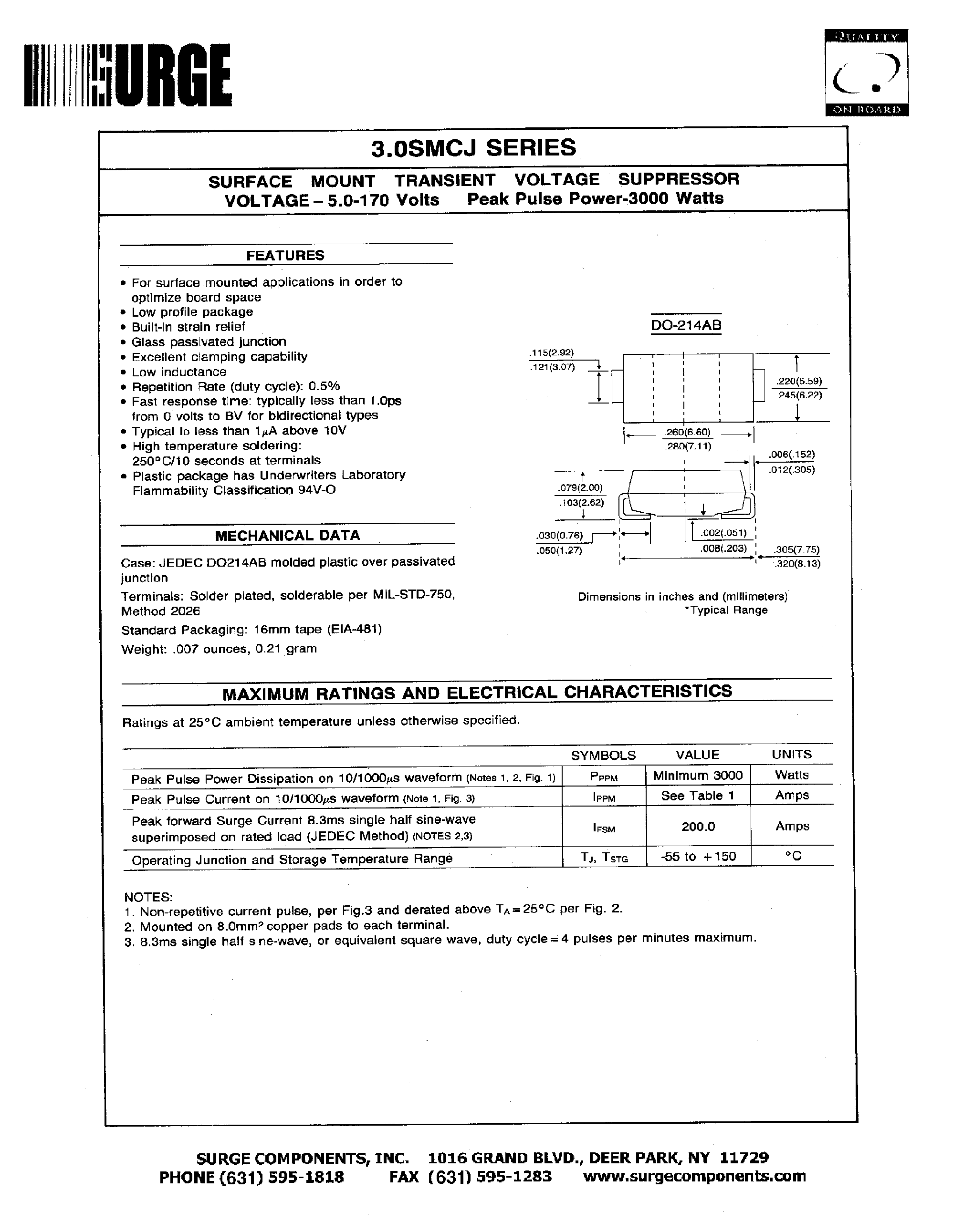 Datasheet 3.0SMCJ6.5 - SURFACE MOUNT TRANSIENT VOLTAGE SUPPRESSOR VOLTAGE-5.0-170Volts page 1