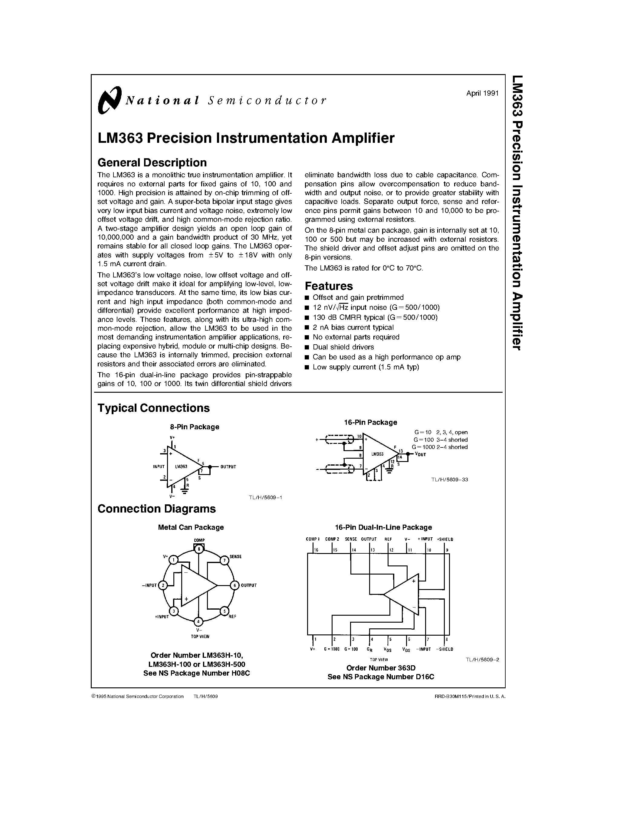 Даташит 363D - LM363 Precision Instrumentation Amplifier страница 1