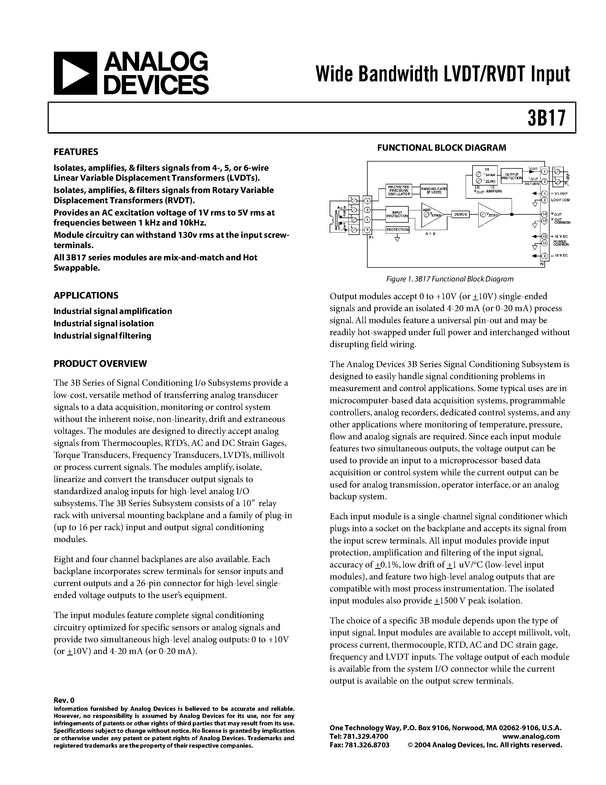 Datasheet 3B17-D-00 - Wide Bandwidth LVDT/RVDT Input page 1