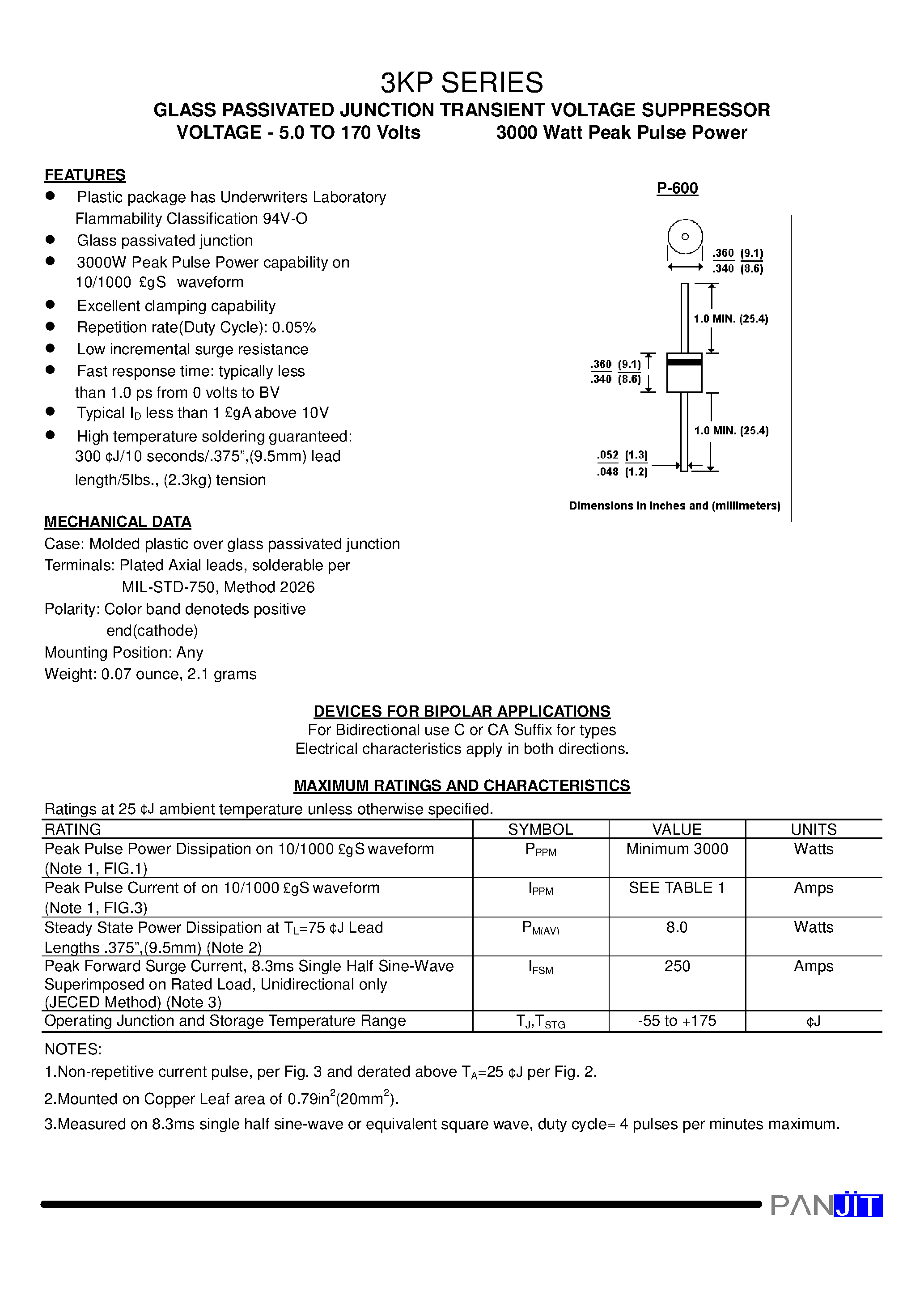 Datasheet 3KP8.5 - GLASS PASSIVATED JUNCTION TRANSIENT VOLTAGE SUPPRESSOR(VOLTAGE - 5.0 TO 170 Volts 3000 Watt Peak Pulse Power) page 1