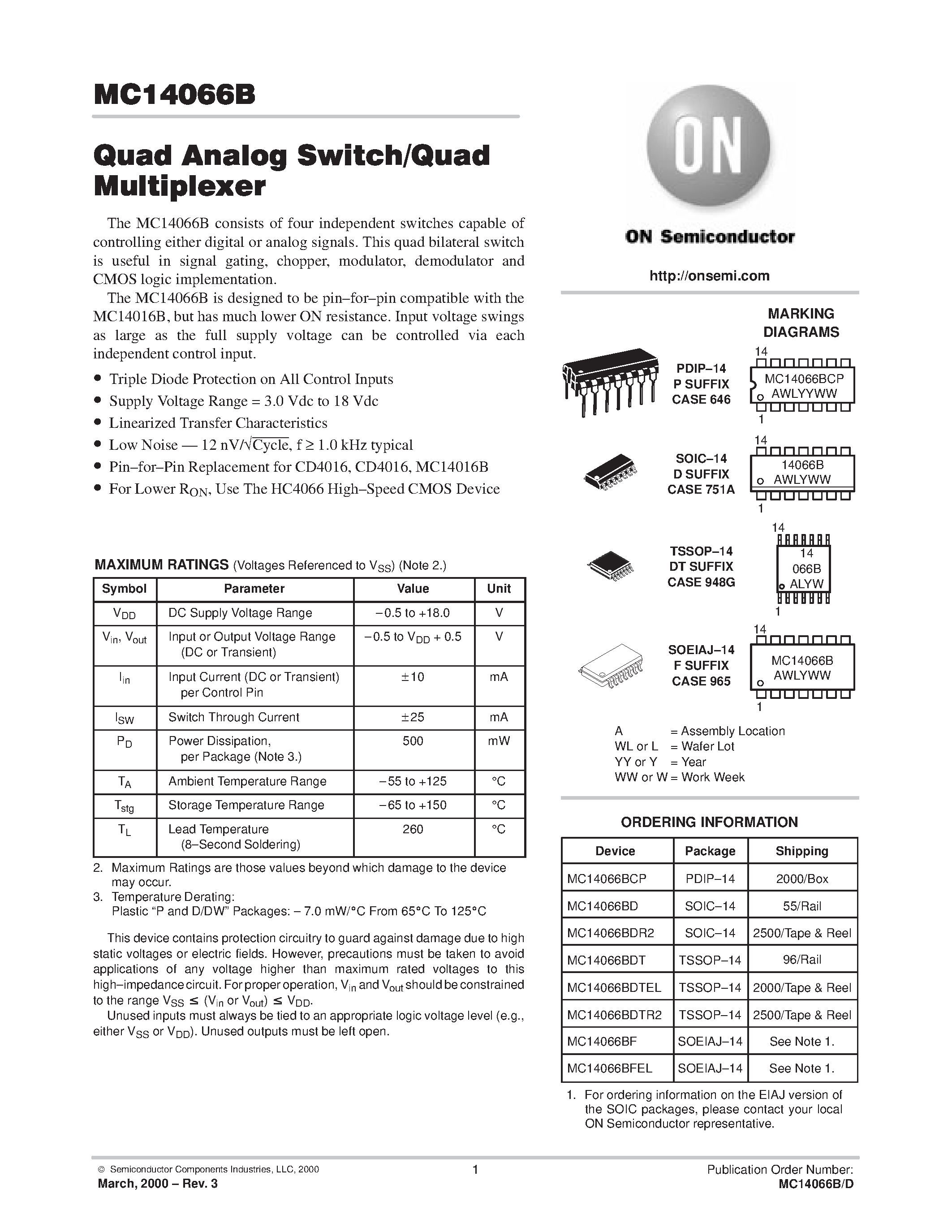 Datasheet 4066 - Quad Analog Switch/Quad Multiplexer page 1