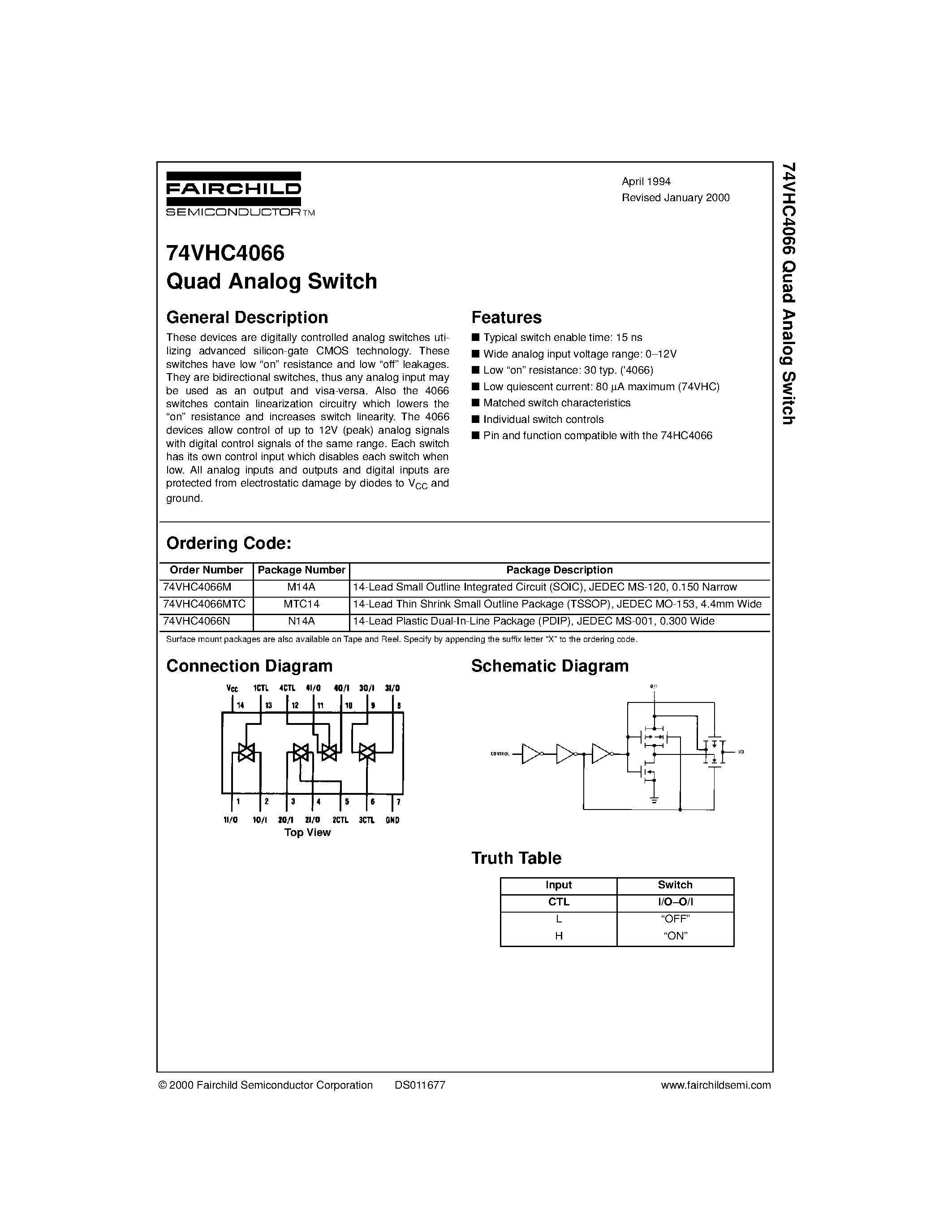 Datasheet 4066 - Quad Analog Switch page 1