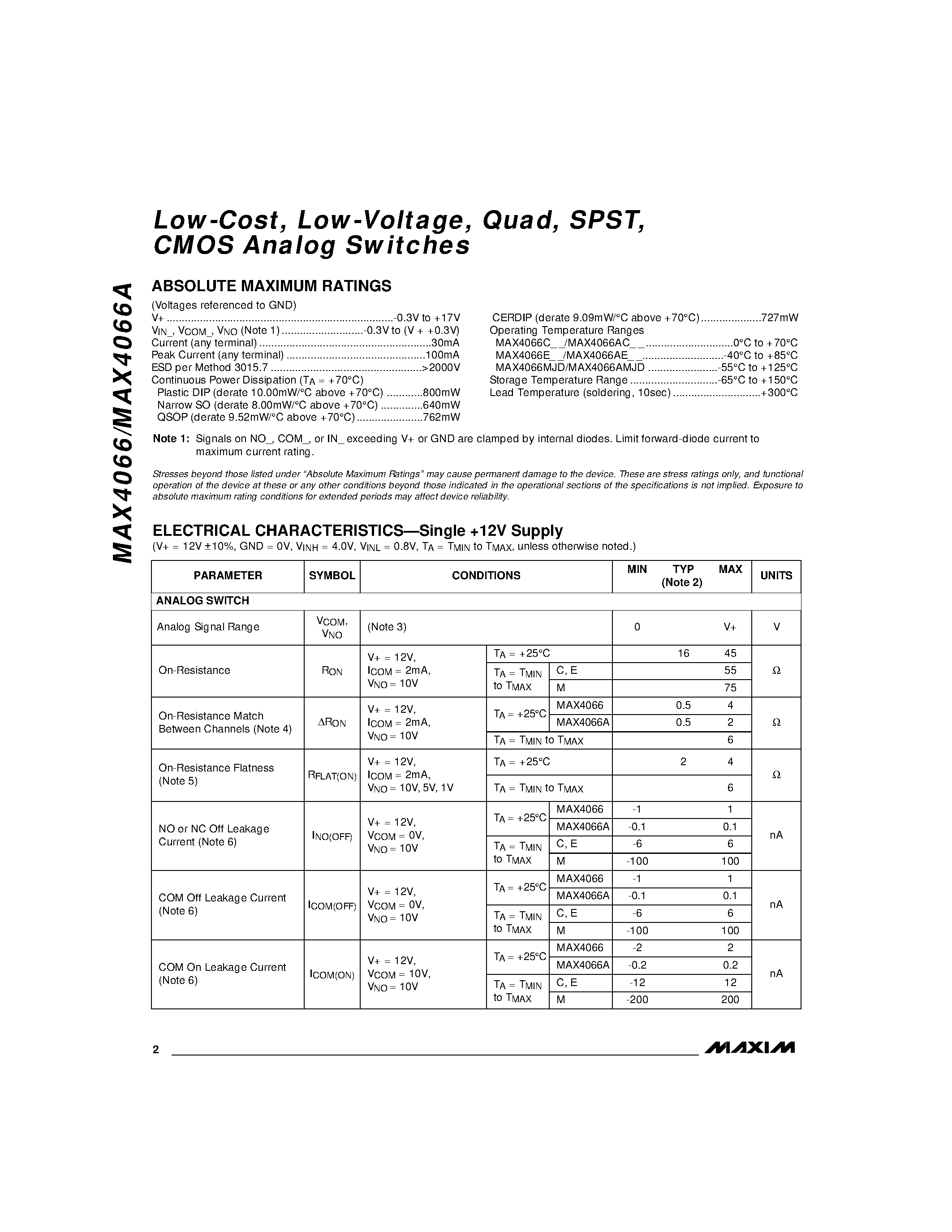 Datasheet 4066 - Low-Cost/ Low-Voltage/ Quad/ SPST/ CMOS Analog Switches page 2