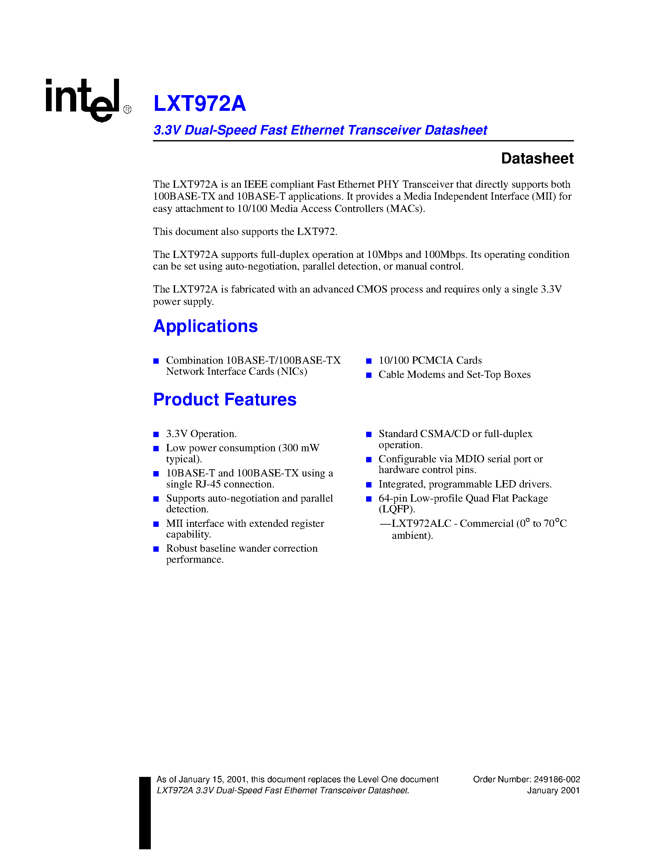 Datasheet LXT972A - 3.3V Dual-Speed Fast Ethernet Transceiver Datasheet page 1