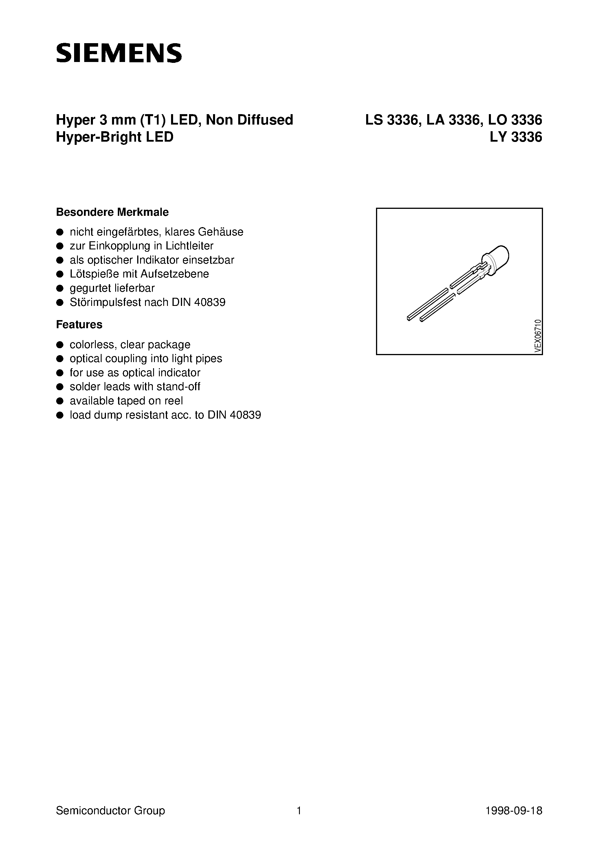 Datasheet LY3336-U - Hyper 3 mm T1 LED/ Non Diffused Hyper-Bright LED page 1