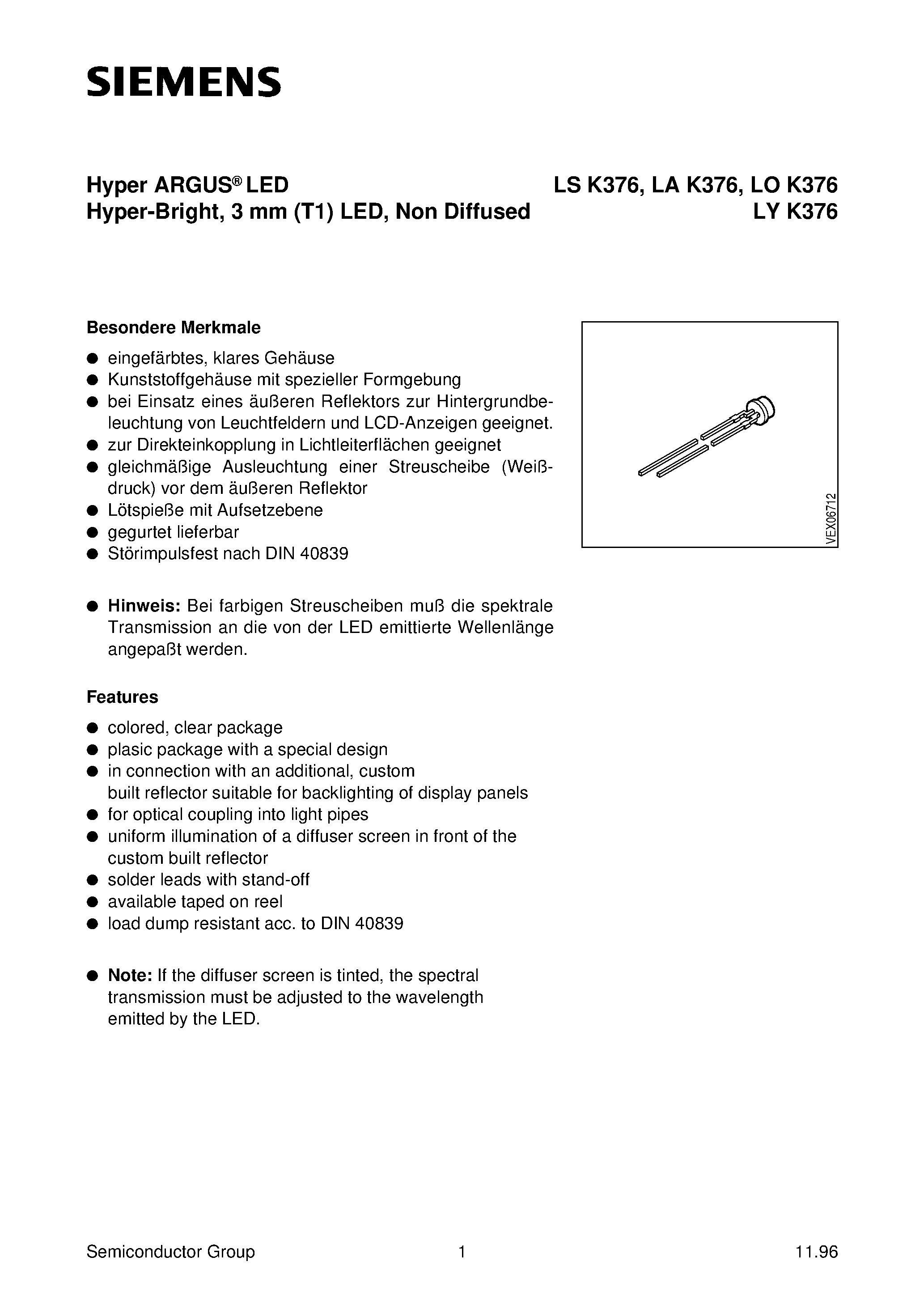 Datasheet LYK376-U - Hyper ARGUS LED Hyper-Bright/ 3 mm T1 LED/ Non Diffused page 1