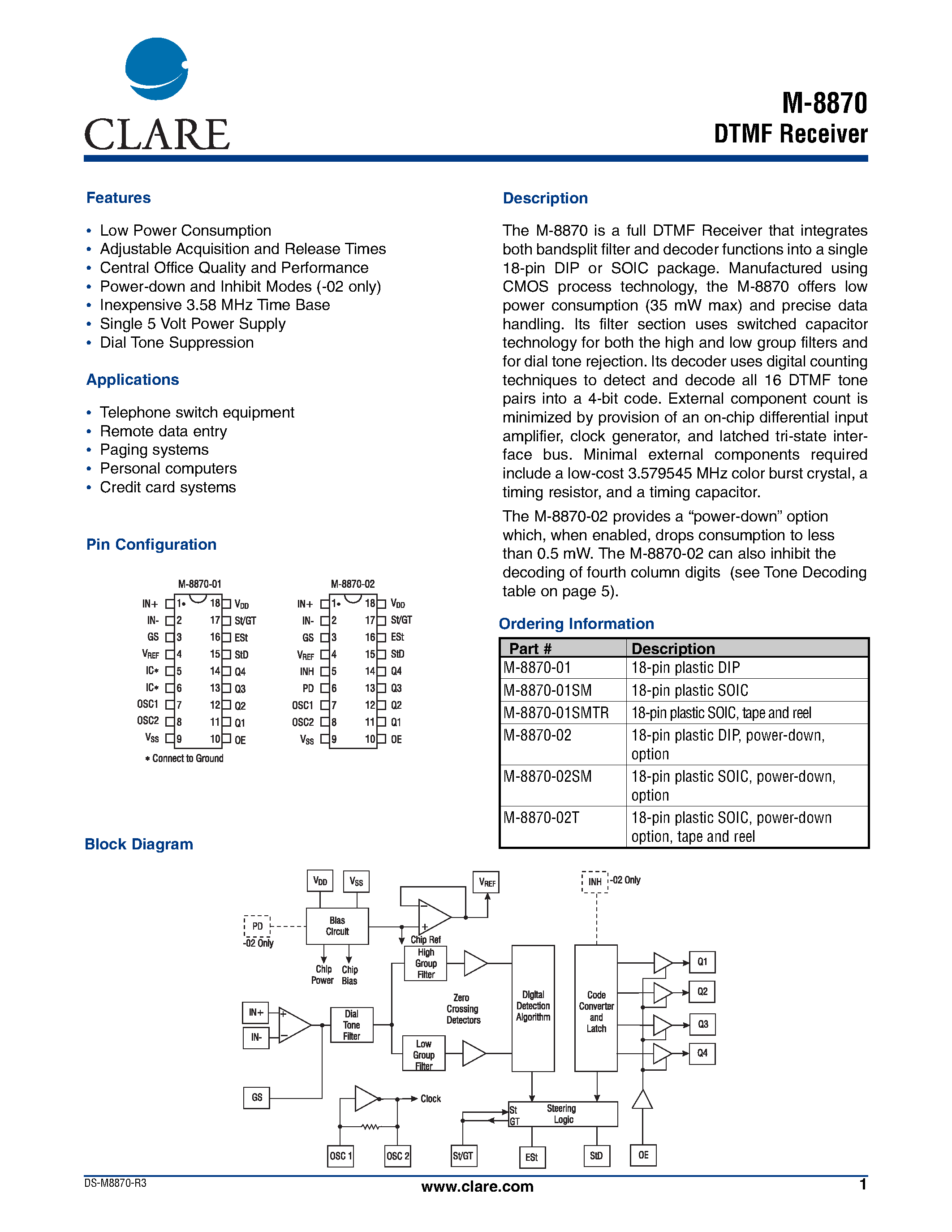 Datasheet M-8870-02T - DTMF Receiver page 1