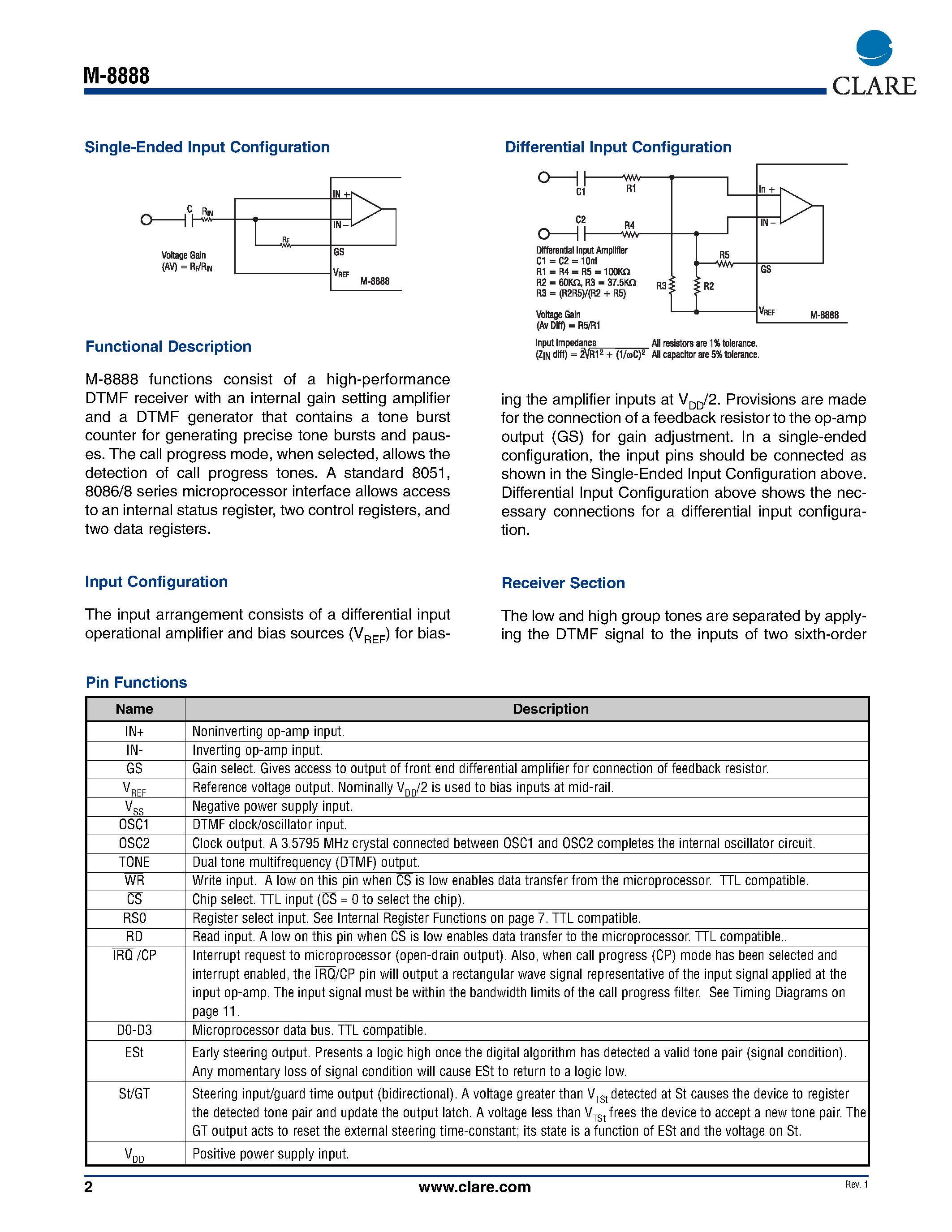 Datasheet M-8888 - DTMF Transceiver page 2